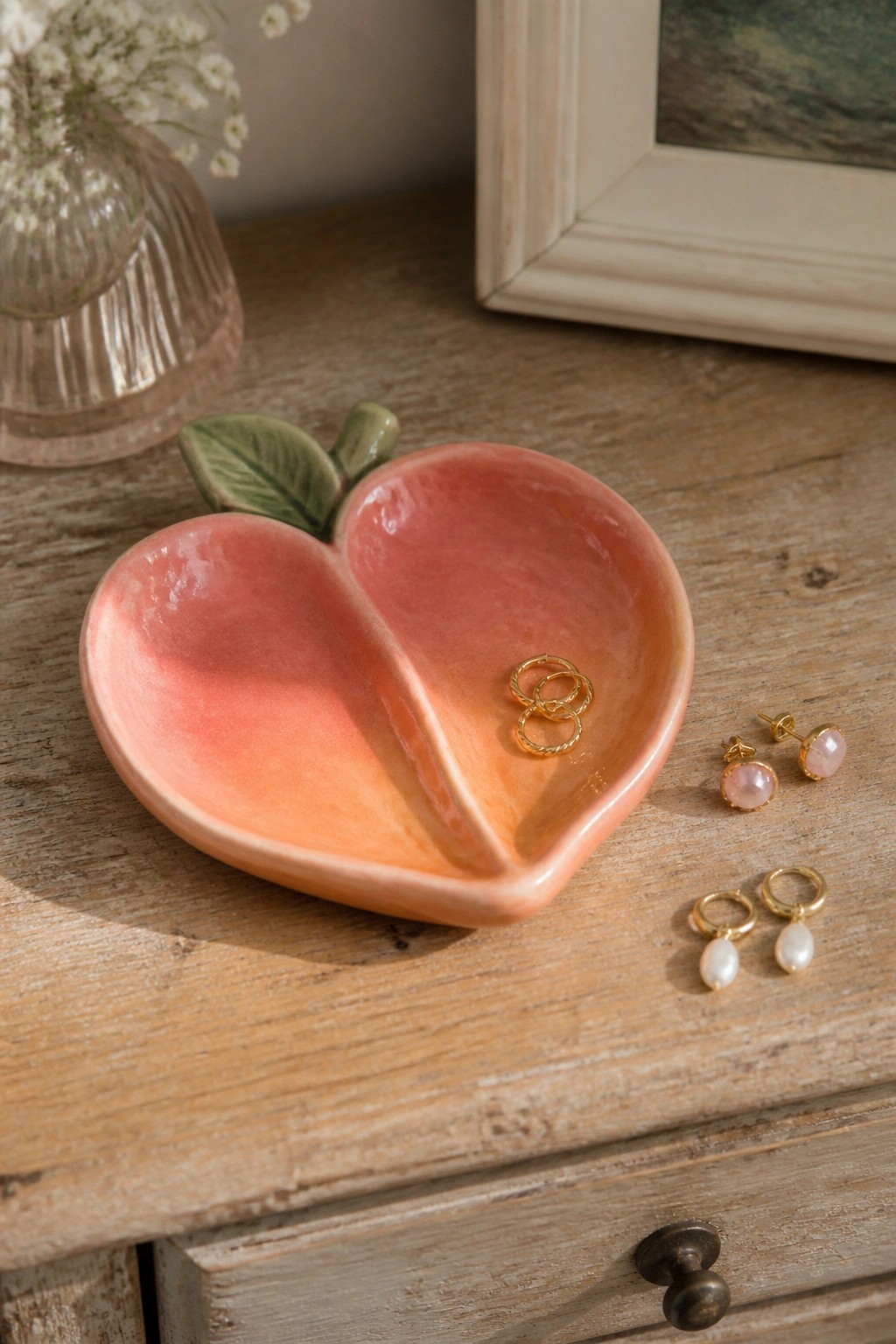 Pink peach-shaped ceramic dish holding gold rings beside pearl and pink earrings on wood.
