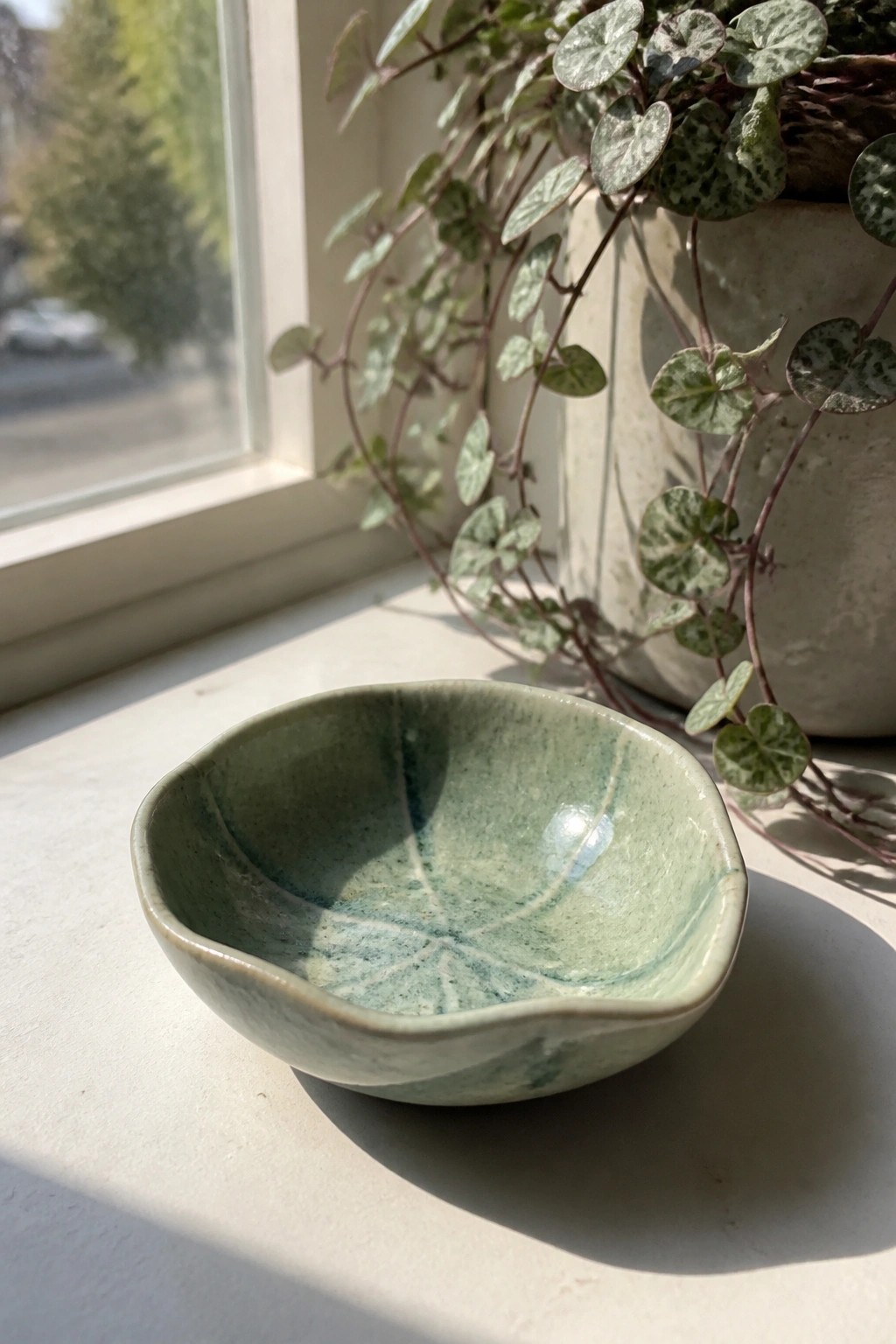 Green ceramic bowl with leaf pattern on sunny windowsill beside potted vine plant