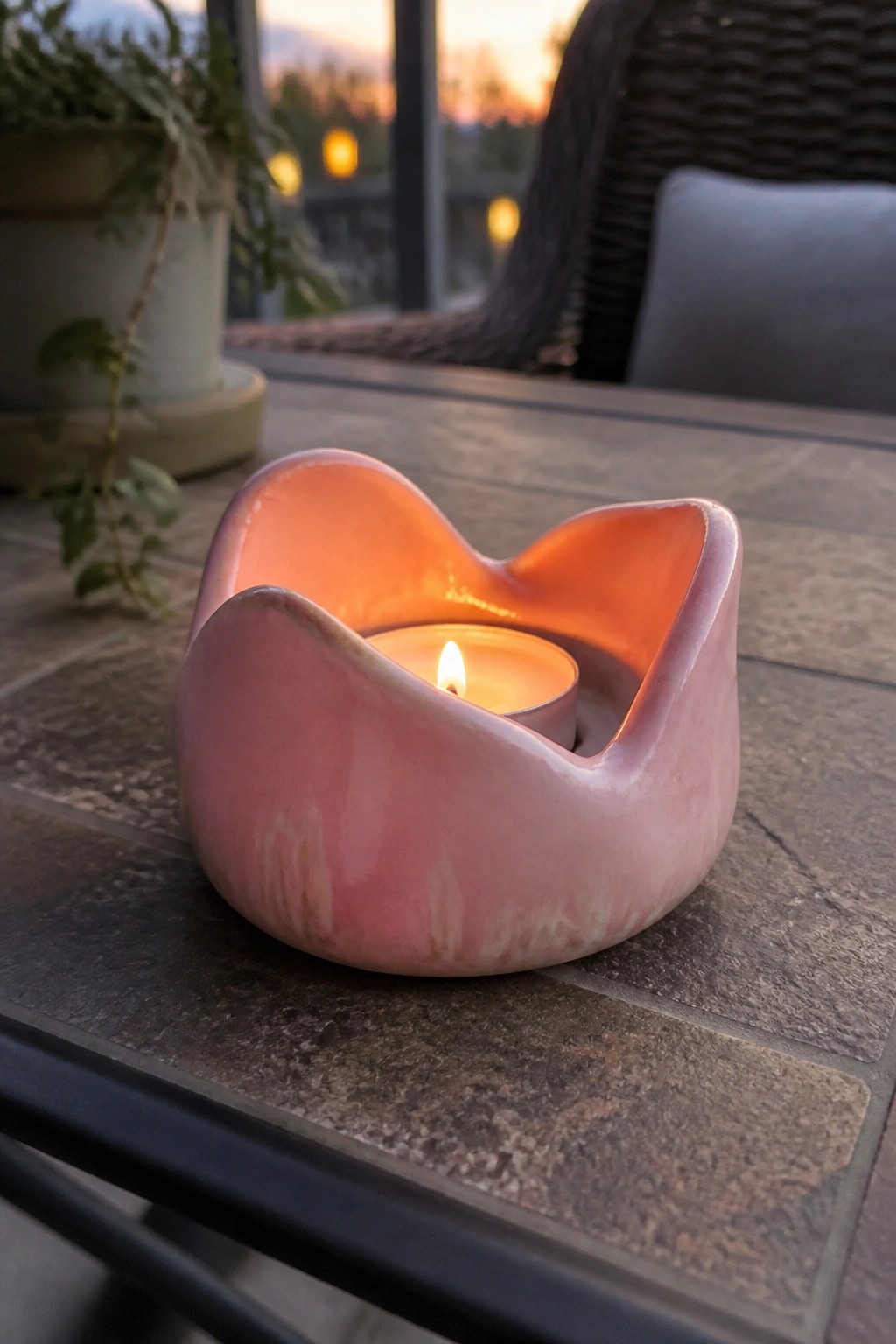 Lit pink ceramic candle holder glowing on stone table at sunset