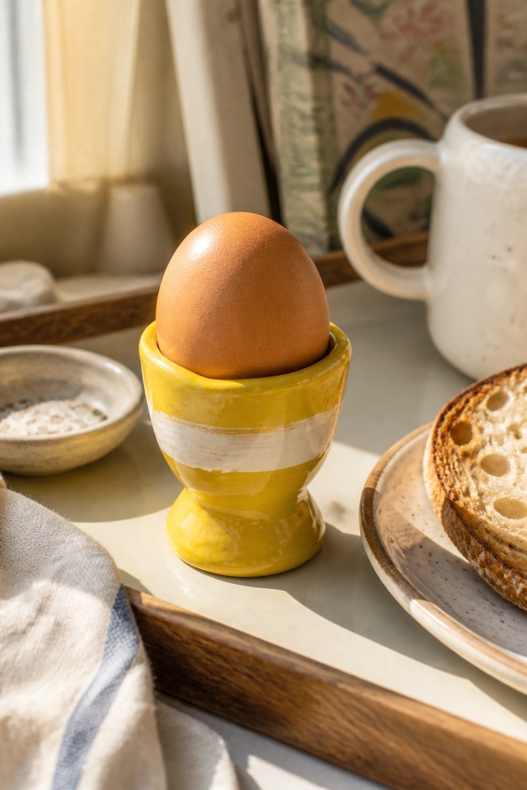Brown egg in yellow and white striped ceramic cup beside toast on wooden tray.