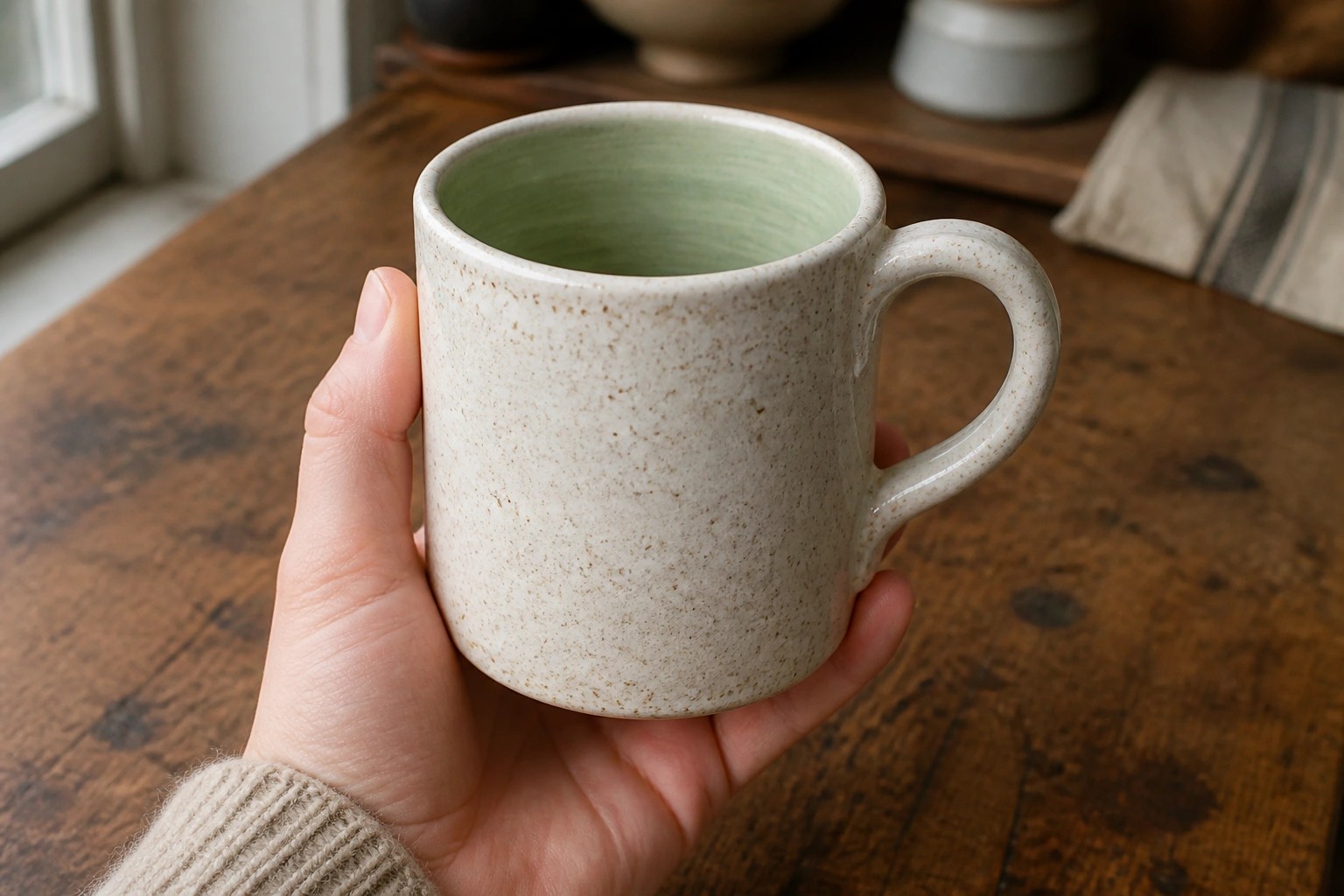 Hand in beige knit sweater holding speckled ceramic mug with green interior