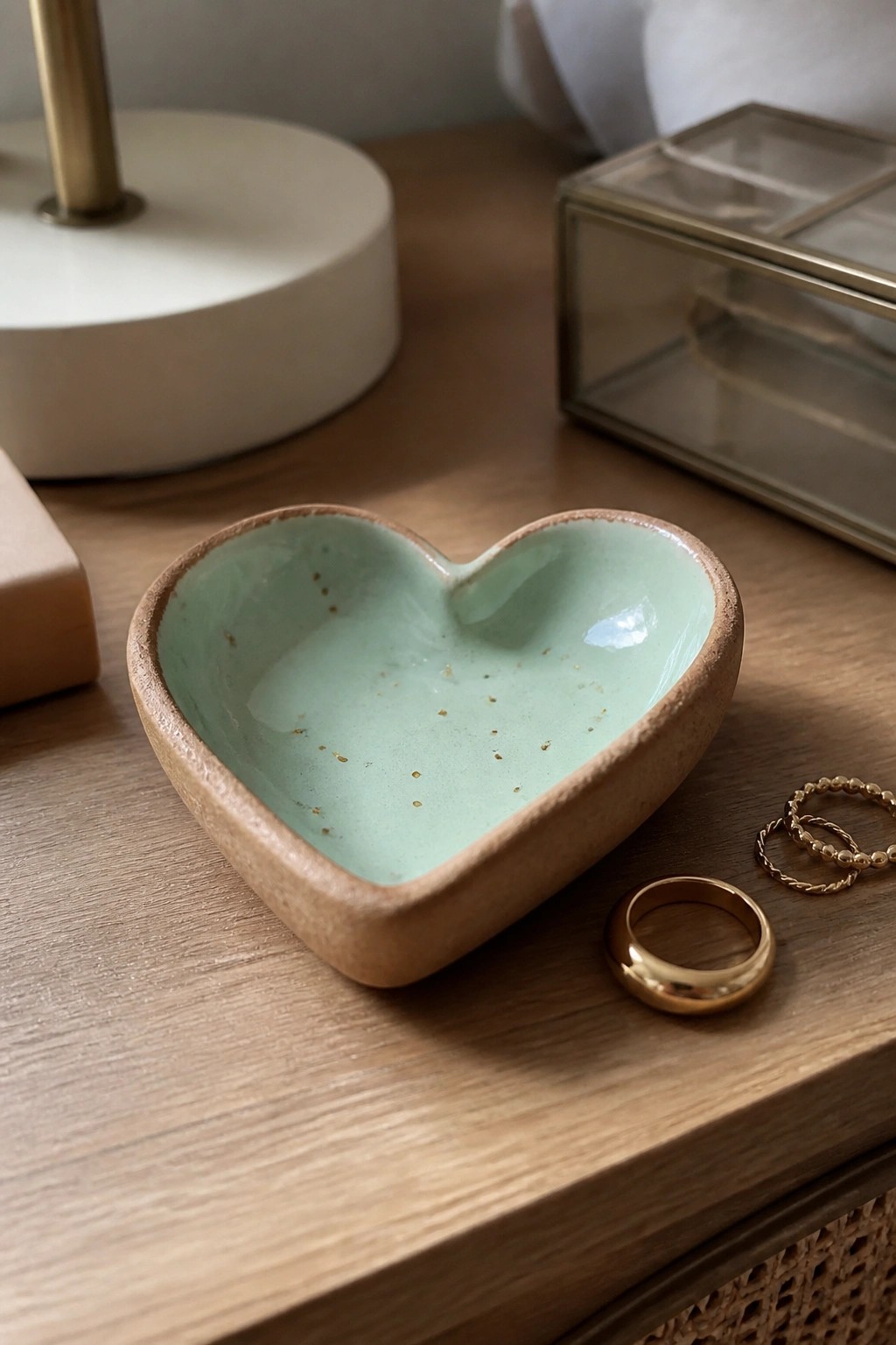 Heart-shaped mint green ceramic bowl with gold flecks beside gold rings on wood.
