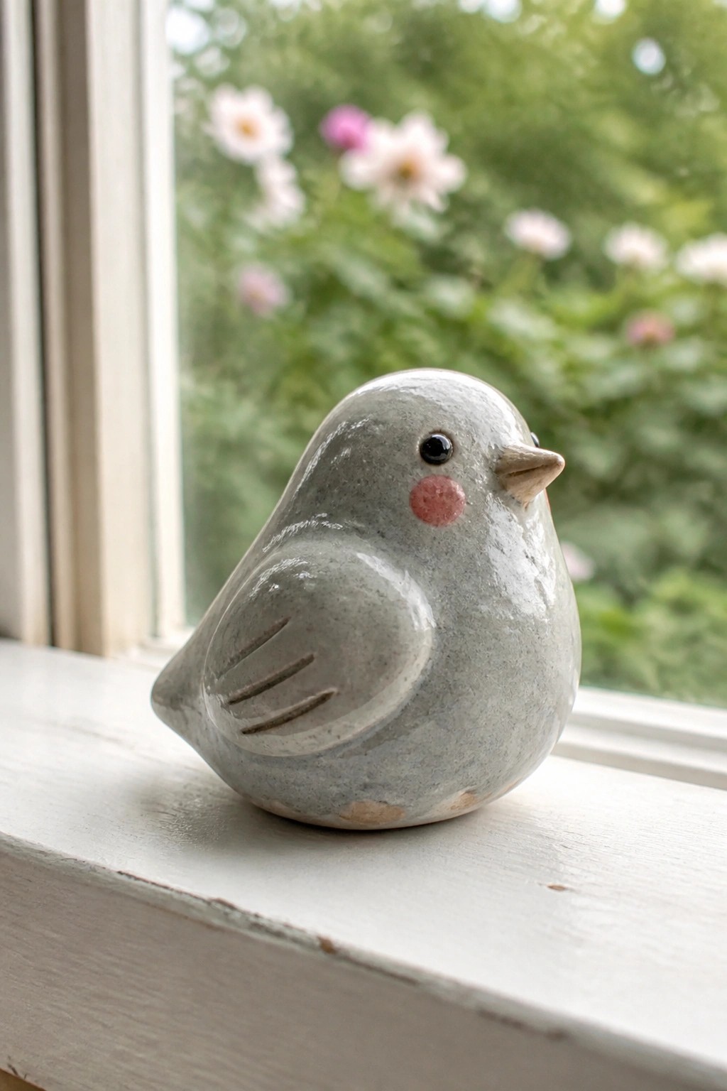 Small gray ceramic bird figurine with pink cheek on white windowsill by window
