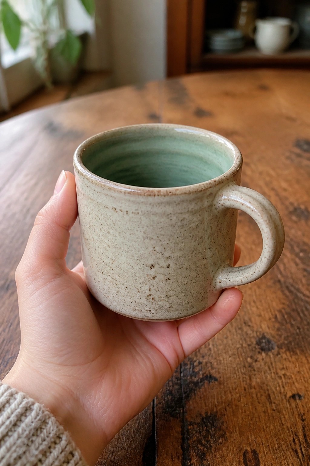 Hand in beige knit sweater holding speckled ceramic mug with green interior
