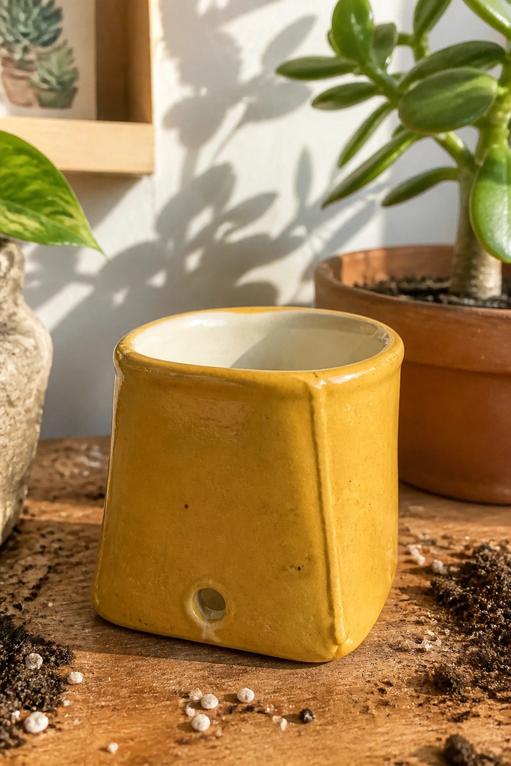 Yellow ceramic pot with drainage hole on wooden table near potted plants