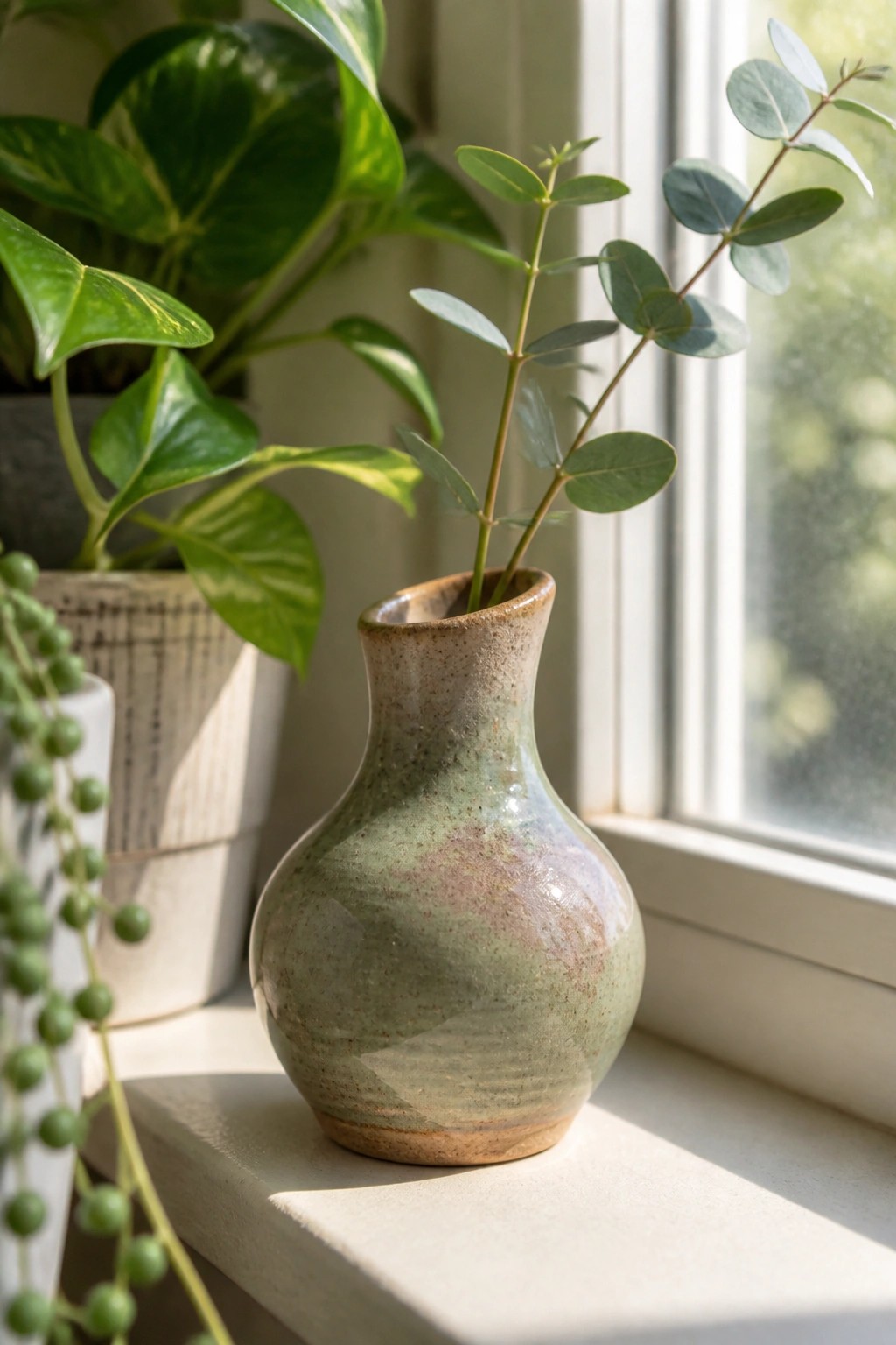 Glazed ceramic vase with eucalyptus branch on sunny windowsill amid houseplants.