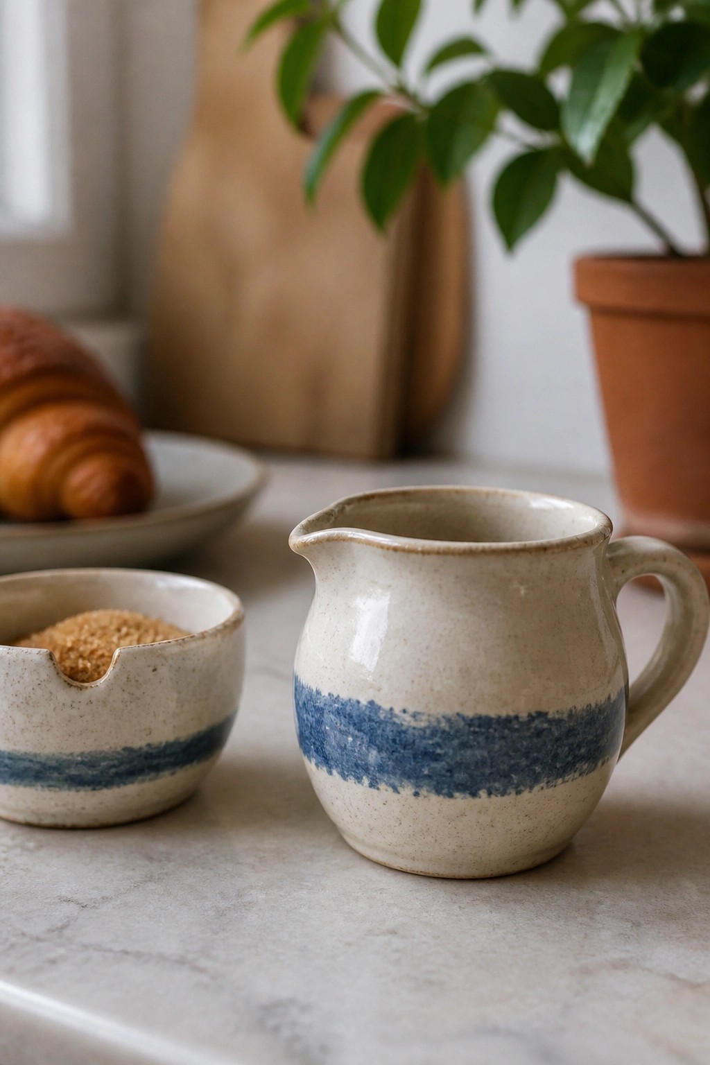 Ceramic pitcher and sugar bowl with blue stripes on marble counter