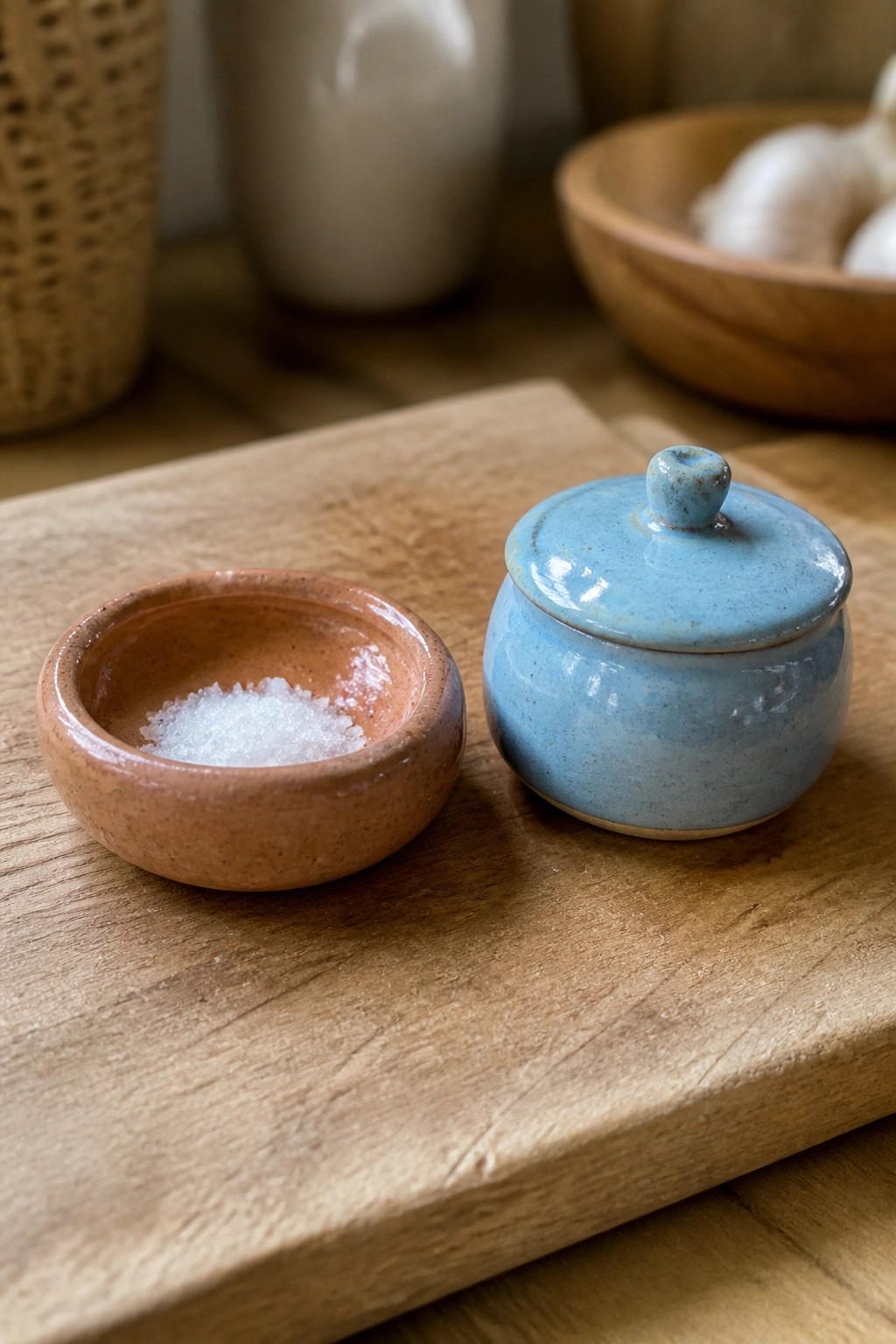 A small terracotta salt bowl filled with white salt sits next to a blue lidded ceramic jar on a wooden board.