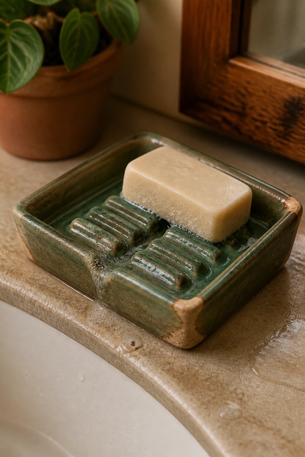 Beige soap bar on green ridged ceramic dish with water on wet countertop