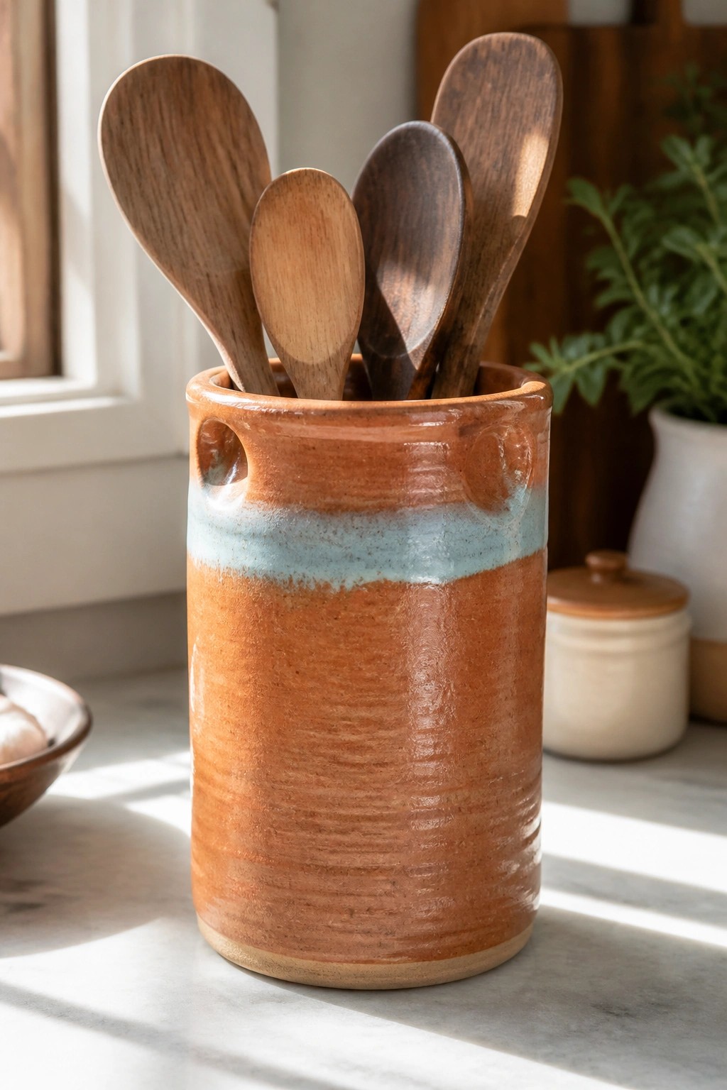 Terracotta ceramic crock with blue band holding wooden spoons on sunny countertop.