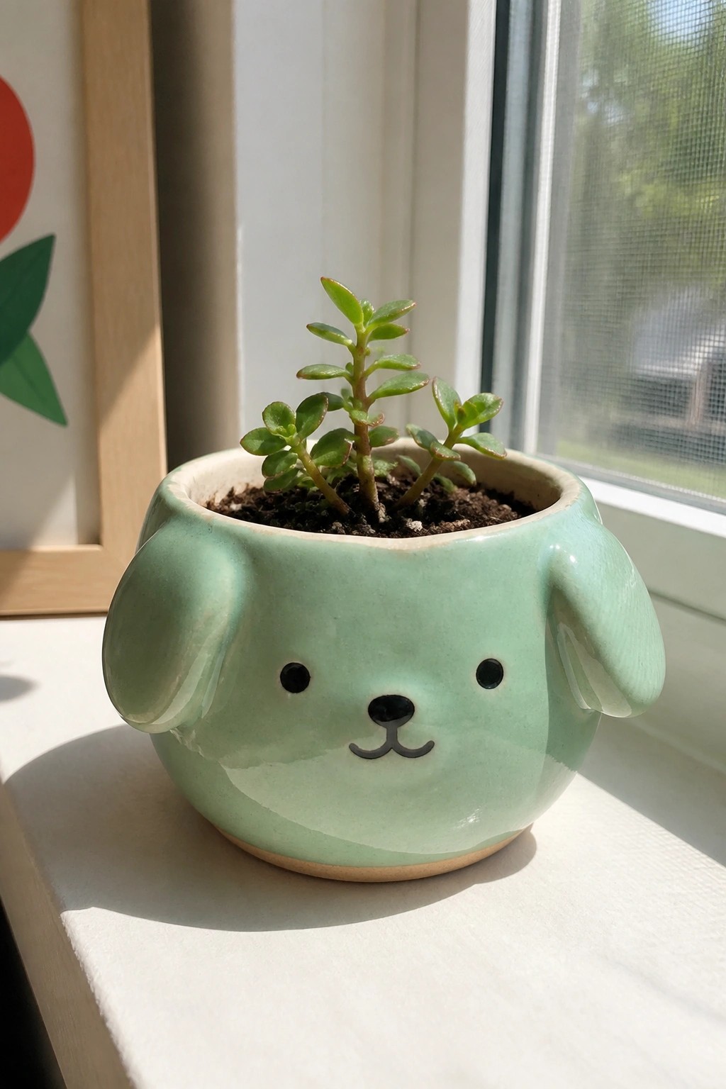 Mint-green dog-faced ceramic planter with small succulent on sunny windowsill.