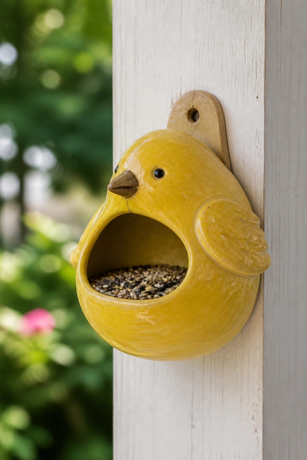 Yellow ceramic bird-shaped feeder filled with seeds on white wooden post