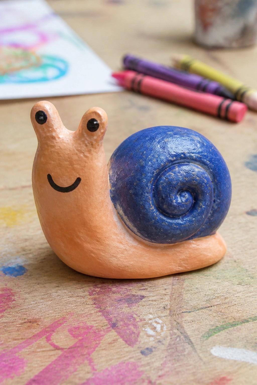 Smiling clay snail with orange body and blue shell on paint-splattered table with crayons