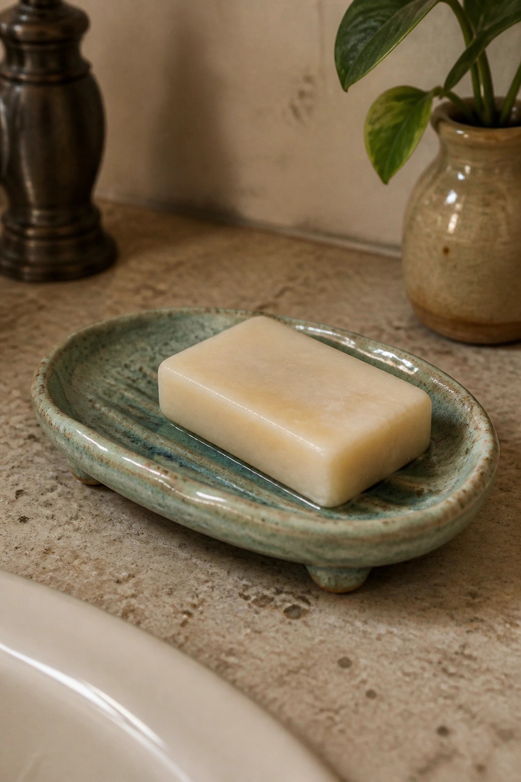 An oval ceramic soap dish with green glaze holds a rectangular bar of soap on a countertop.
