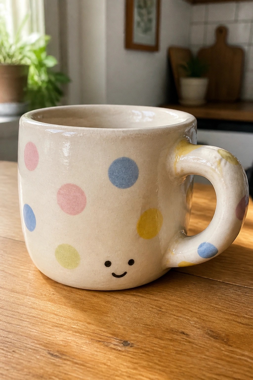 Ceramic mug with colorful polka dots and smiley face on wooden table
