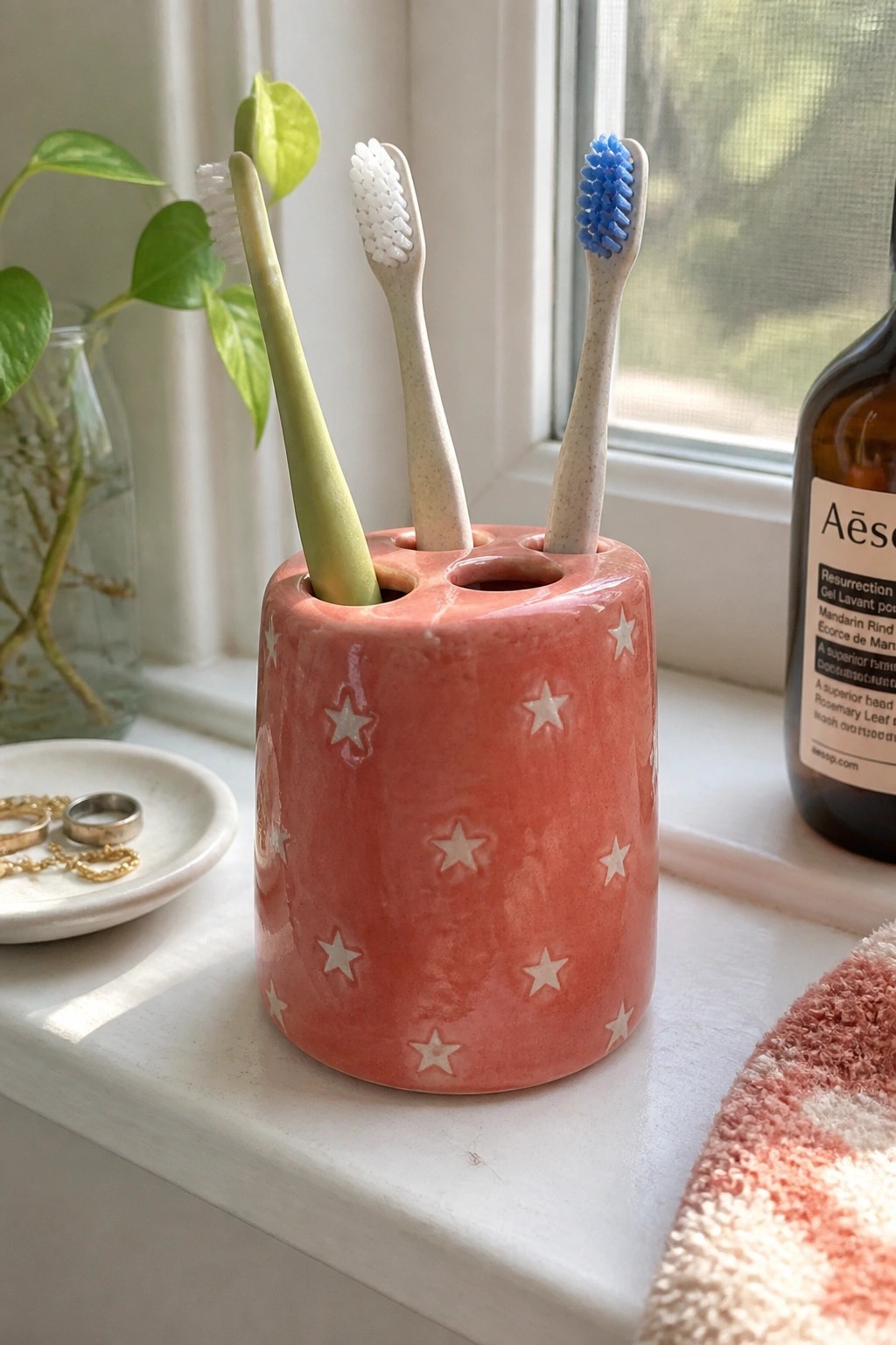 Pink star-patterned ceramic holder with three toothbrushes on sunny windowsill