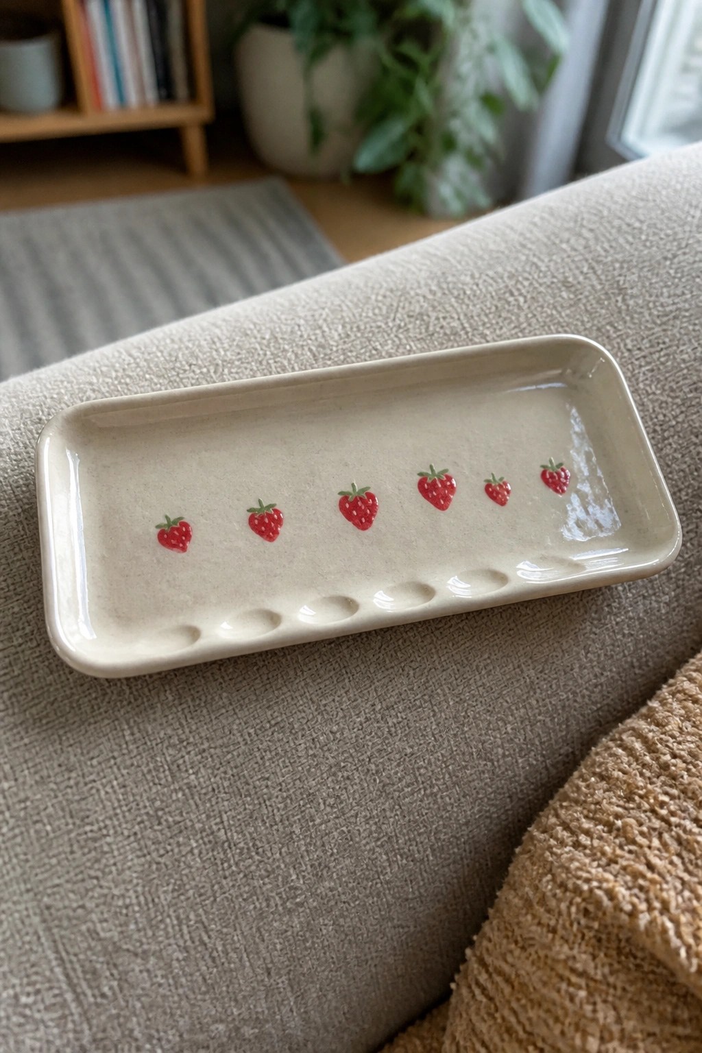 Rectangular cream ceramic tray with red strawberries on textured beige couch