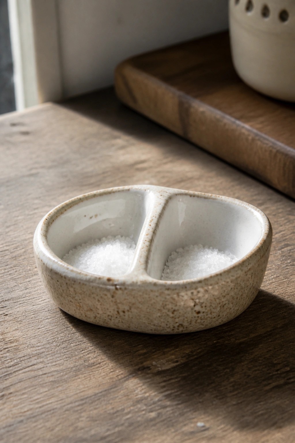 Speckled beige ceramic divided bowl with white salt on wooden table