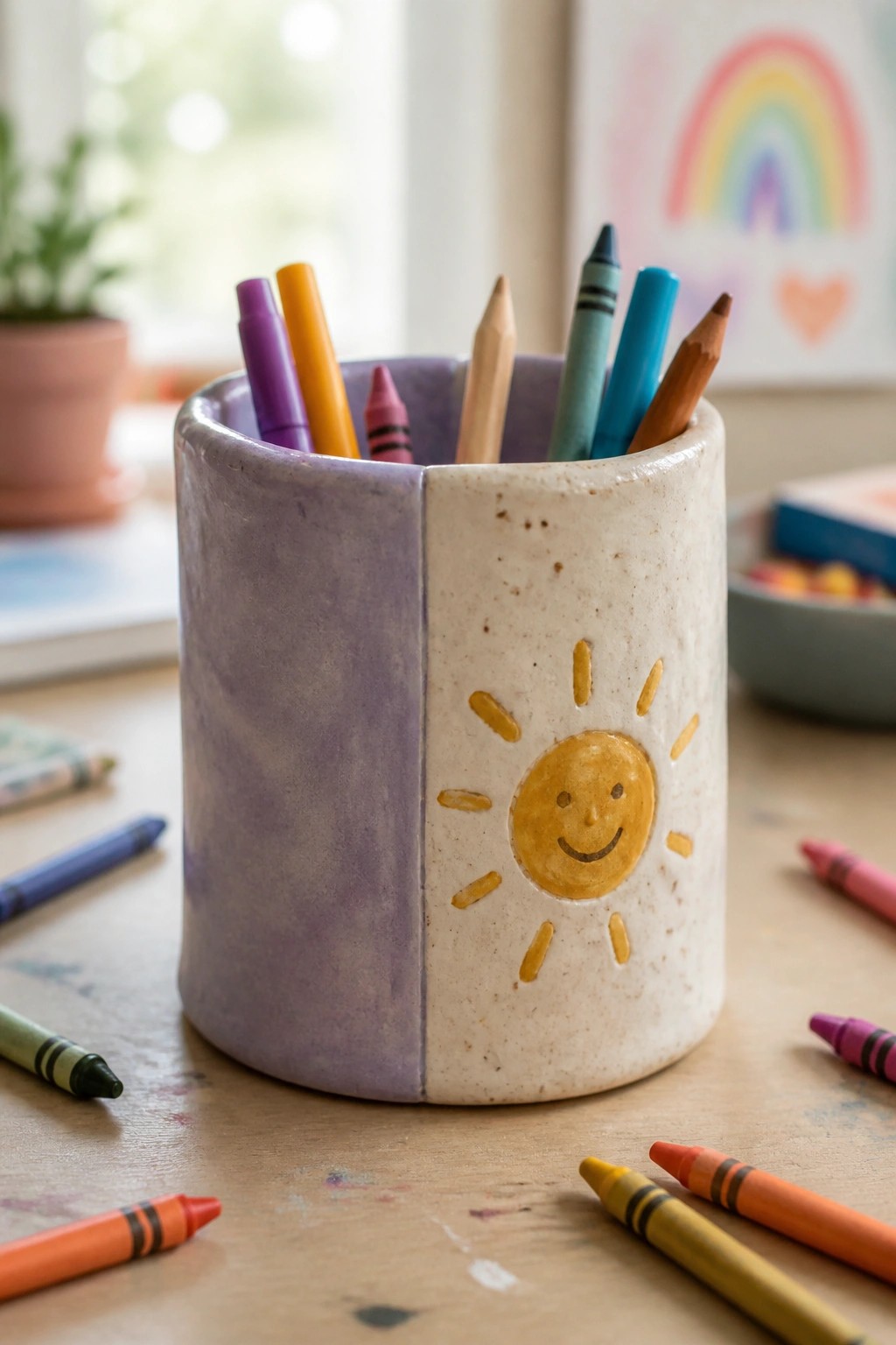 Purple and white ceramic holder with smiling sun holding colorful crayons on table