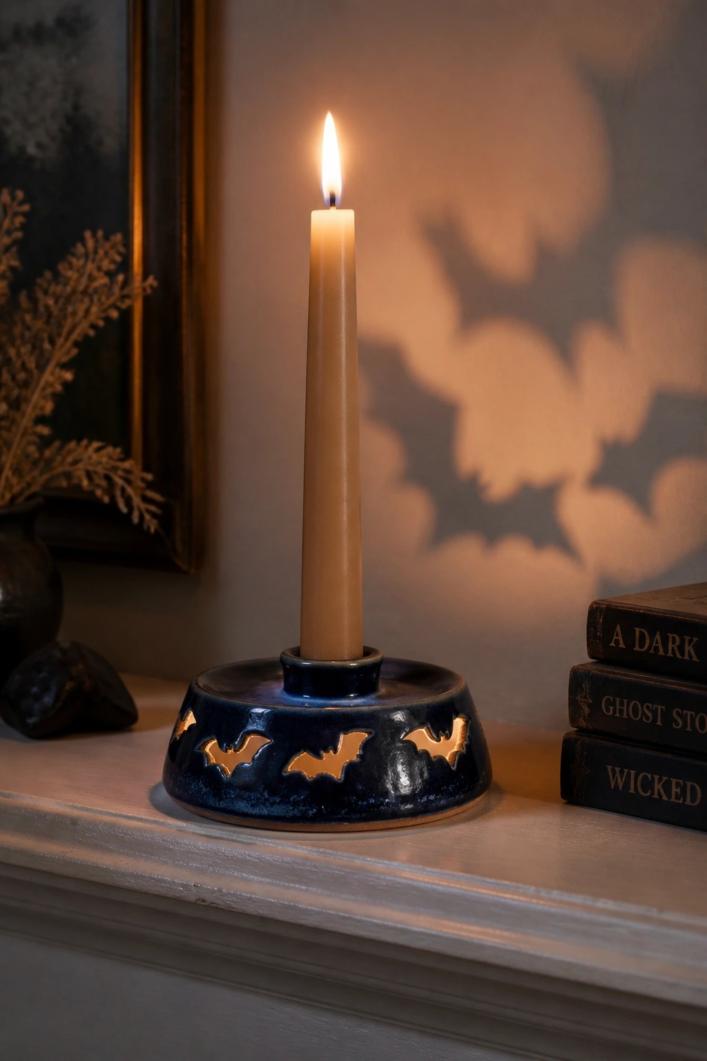 Lit candle in blue ceramic holder with bat cutouts casting shadows beside stacked books