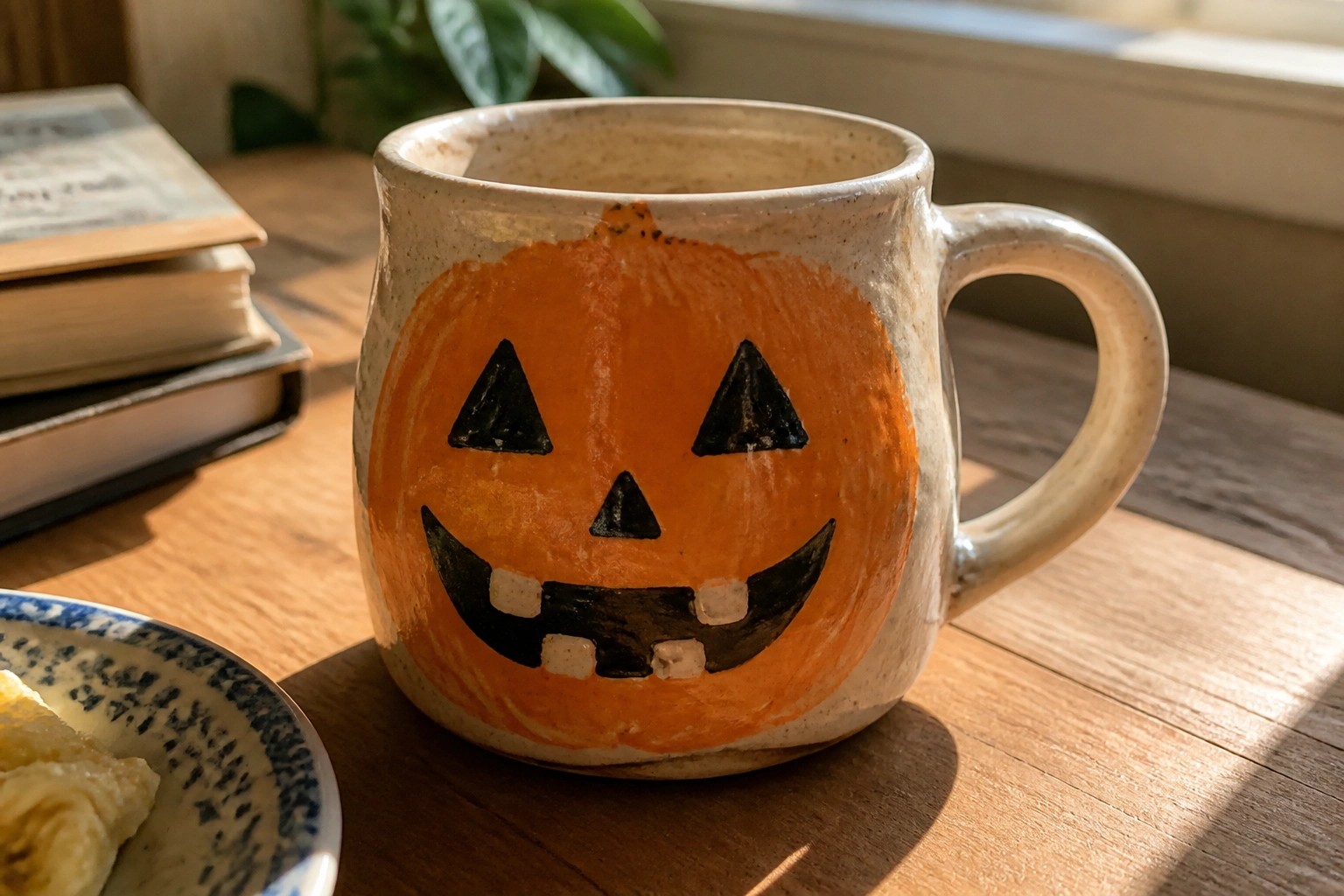 Speckled ceramic mug with orange jack-o'-lantern face and black features on wooden table