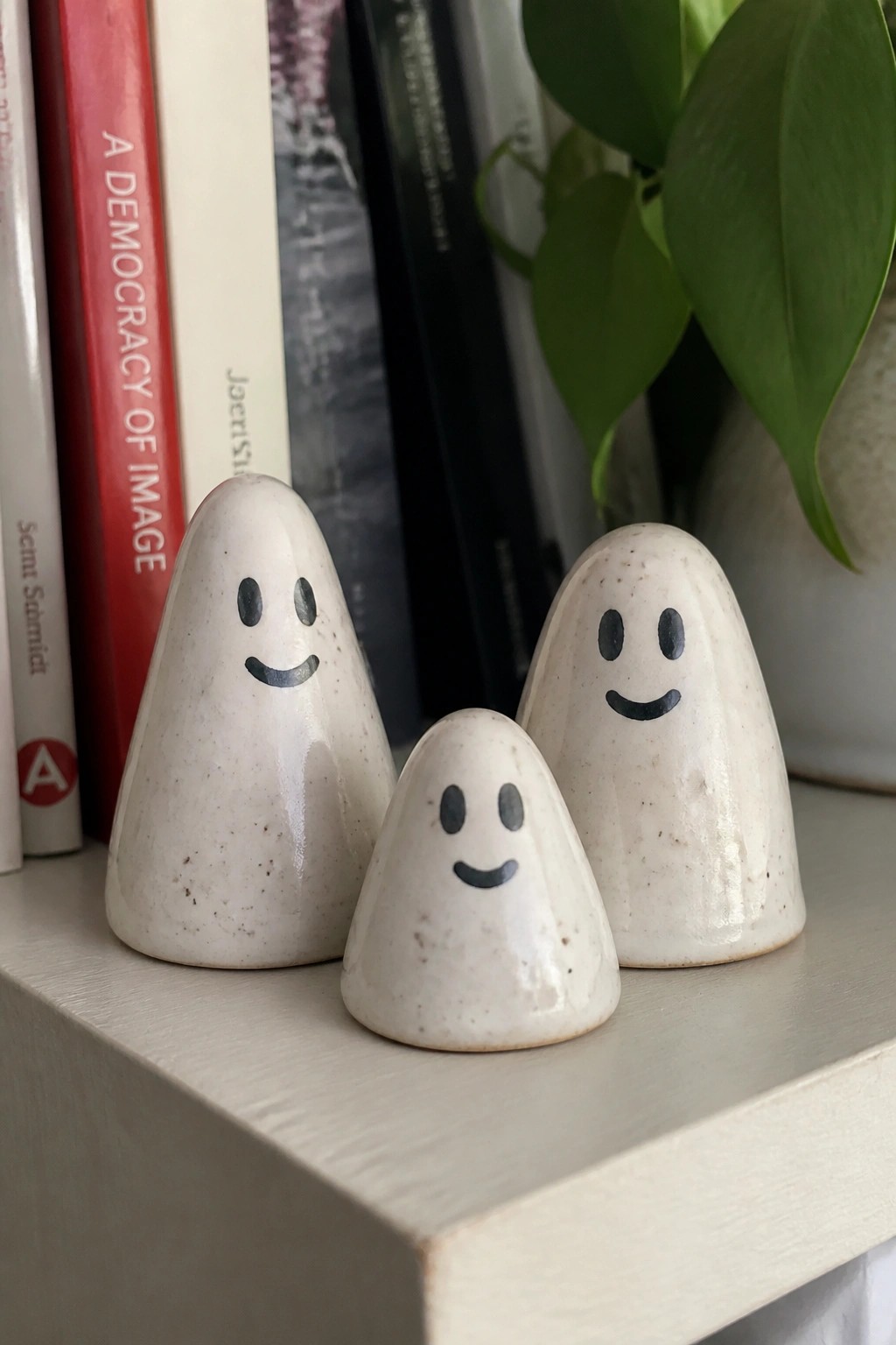 Three smiling white ceramic ghost figurines on a wooden shelf with books behind