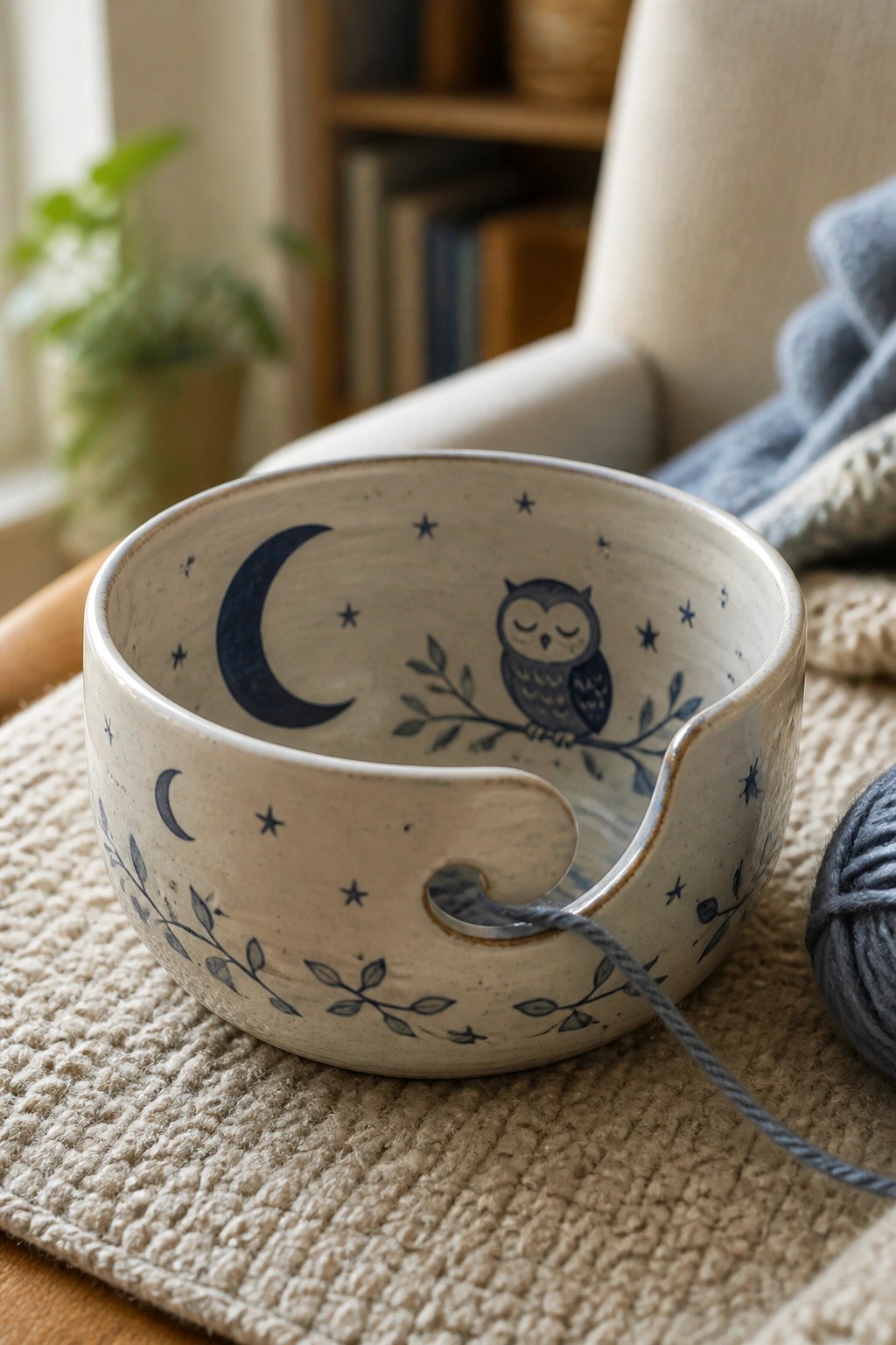 A light ceramic yarn bowl with a side notch sits on a woven mat, painted with blue crescent moons, stars, and an owl on a branch.