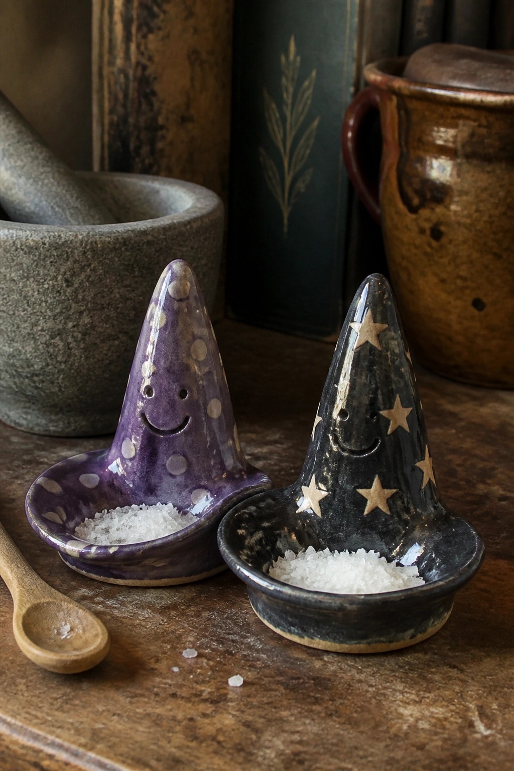 Two smiling ceramic wizard hat salt bowls, purple dots and black stars, on wood.