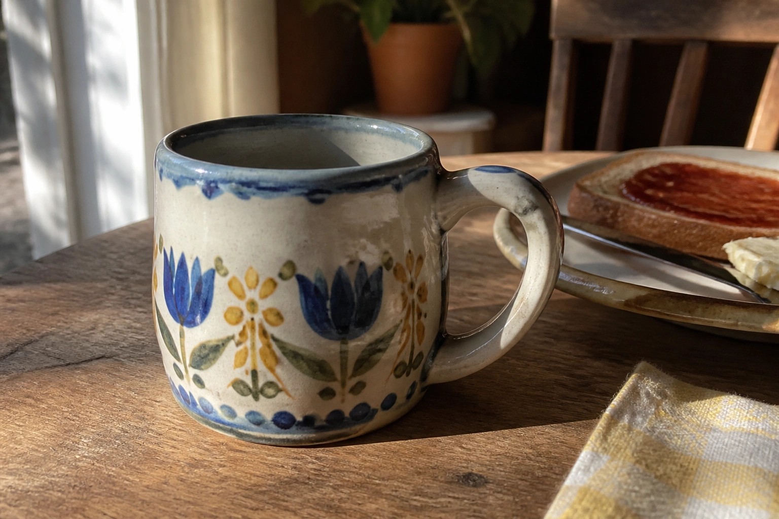 Ceramic mug with yellow tulips, blue leaves, and dotted patterns on wooden table