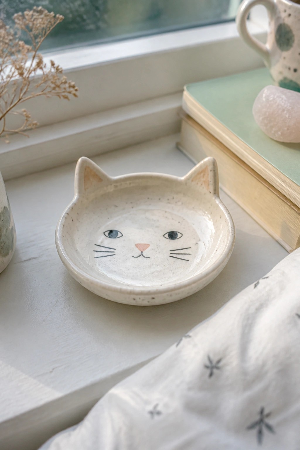 Cat-shaped ceramic bowl on windowsill beside books, mug, and dried flowers