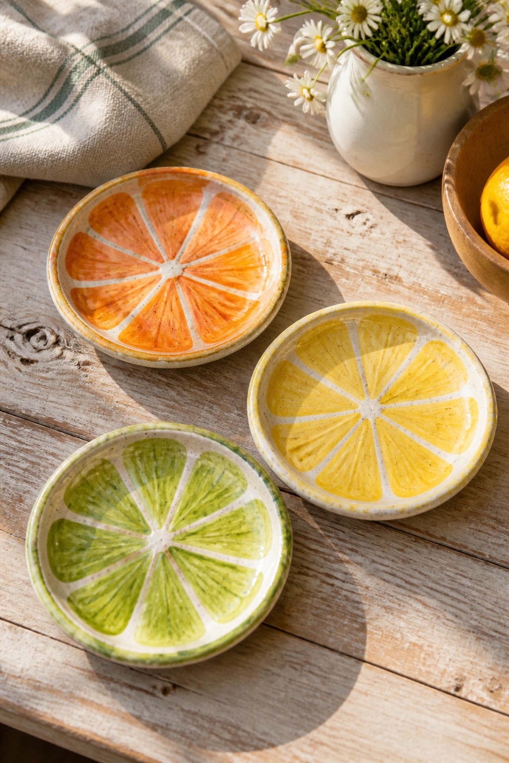 Three small round ceramic dishes painted as orange, lemon, and lime slices sit on a wooden table.
