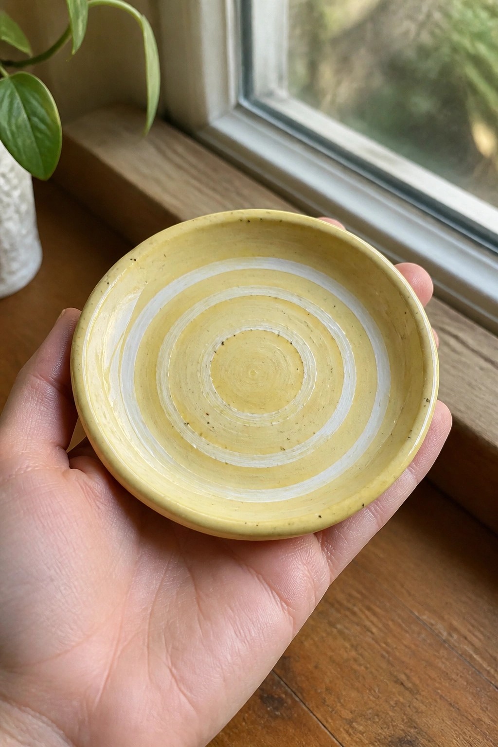 Hand holding yellow ceramic bowl with white concentric rings on wooden windowsill