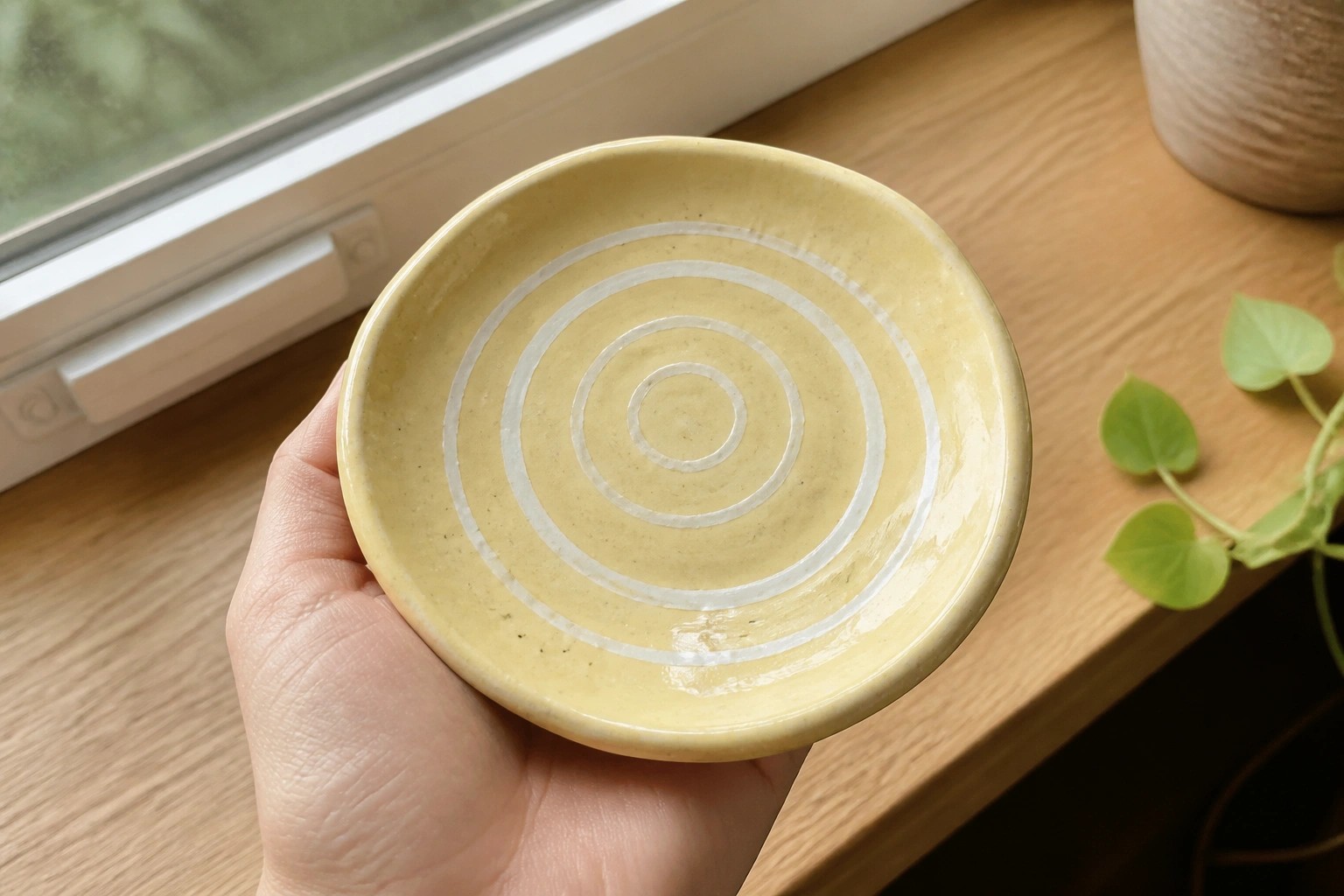 Hand holding yellow ceramic bowl with white concentric rings on wooden windowsill