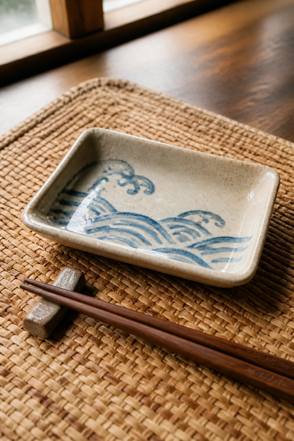Ceramic dish with blue waves on woven mat beside wooden chopsticks