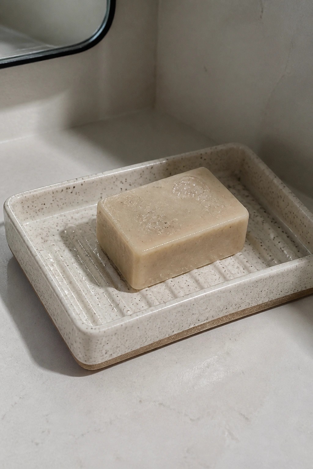 Beige soap bar resting on speckled ceramic dish with ridges on marble