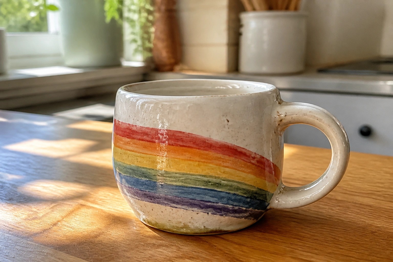 Rustic ceramic mug with vibrant rainbow stripes on sunlit wooden counter