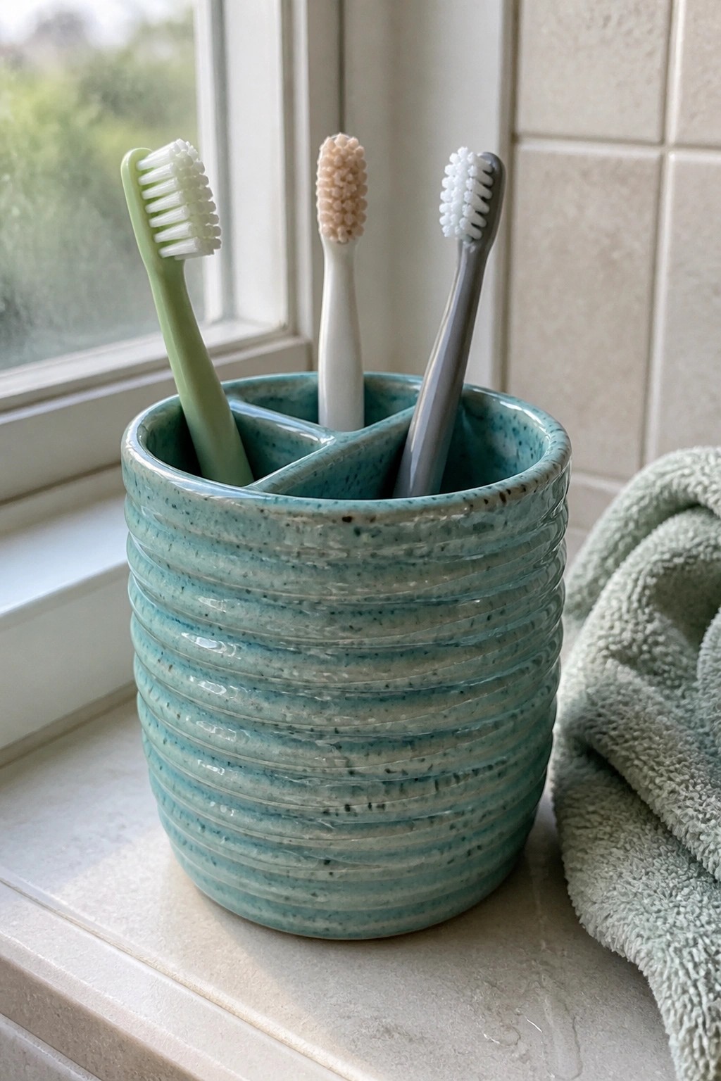 Three toothbrushes in a speckled teal ceramic holder on a windowsill beside a towel
