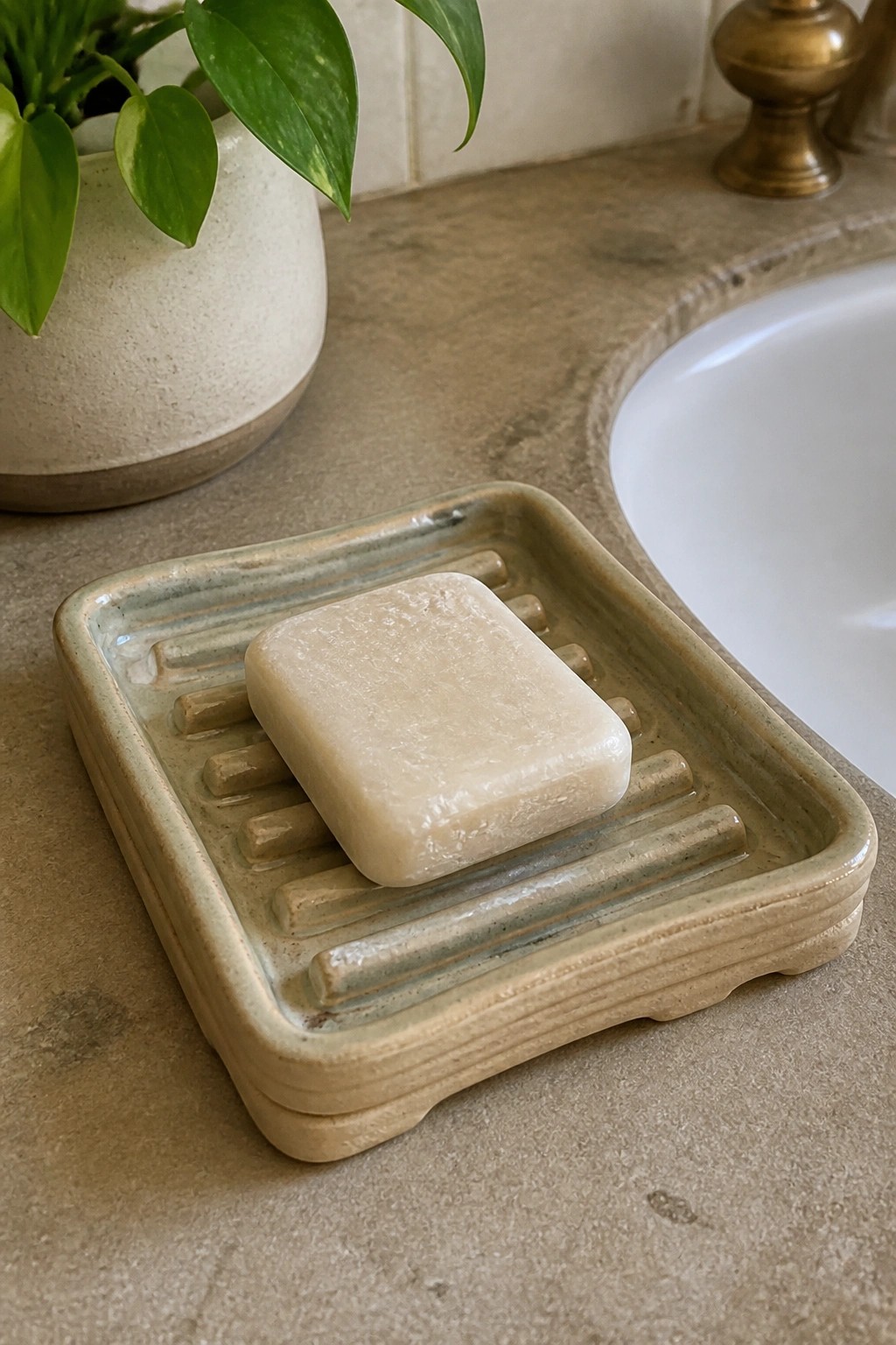 Beige soap bar on ridged ceramic dish atop stone bathroom counter with plant