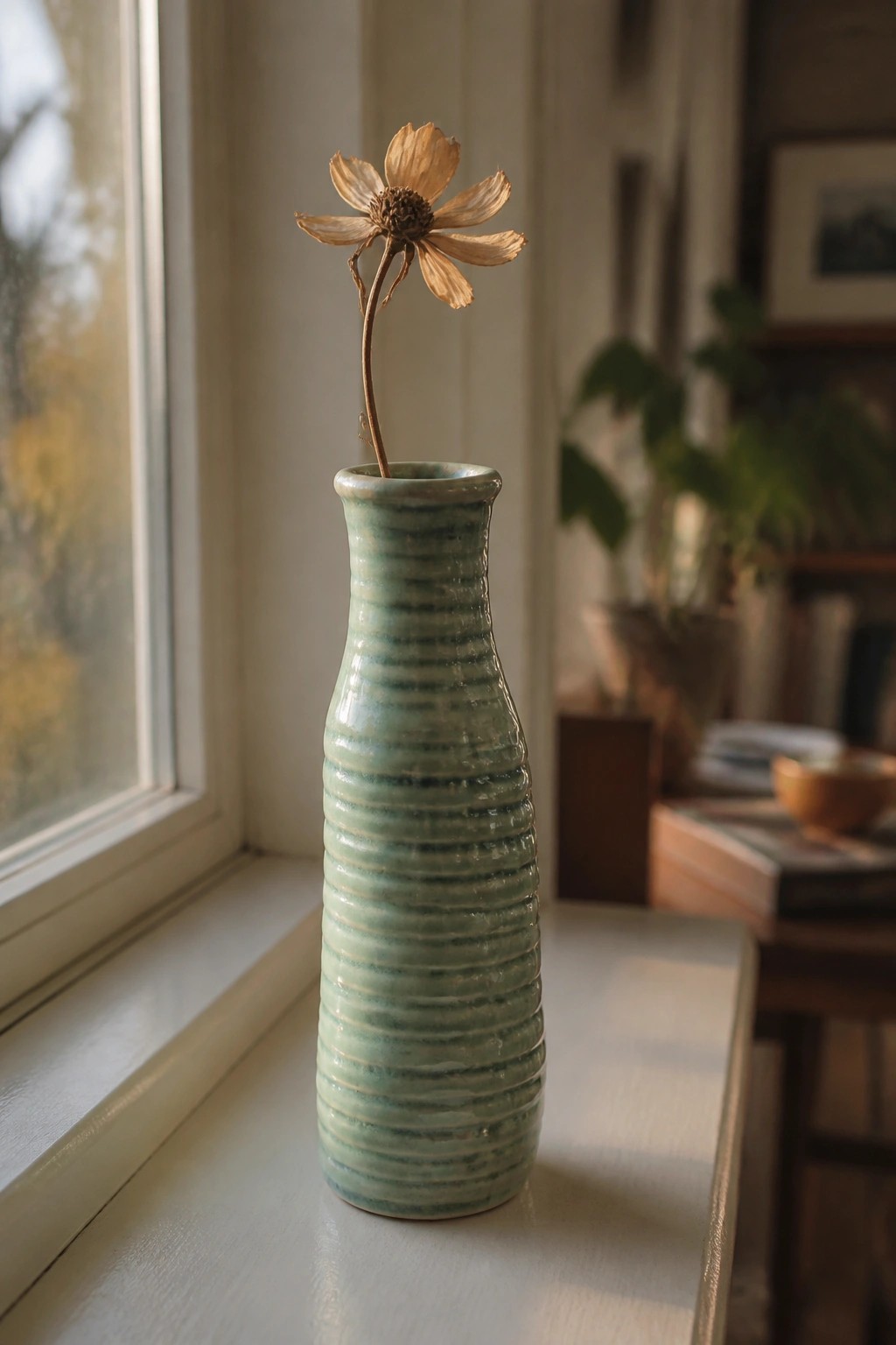 Green ribbed vase with dried flower on sunlit white windowsill