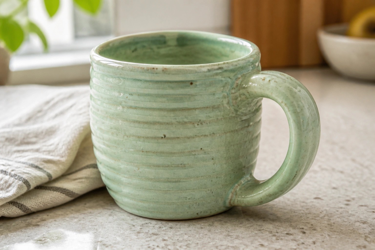 Light green ribbed ceramic mug beside striped cloth on marble countertop