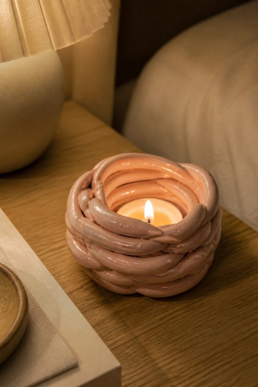 Lit candle in a pink twisted ceramic holder on wooden surface.