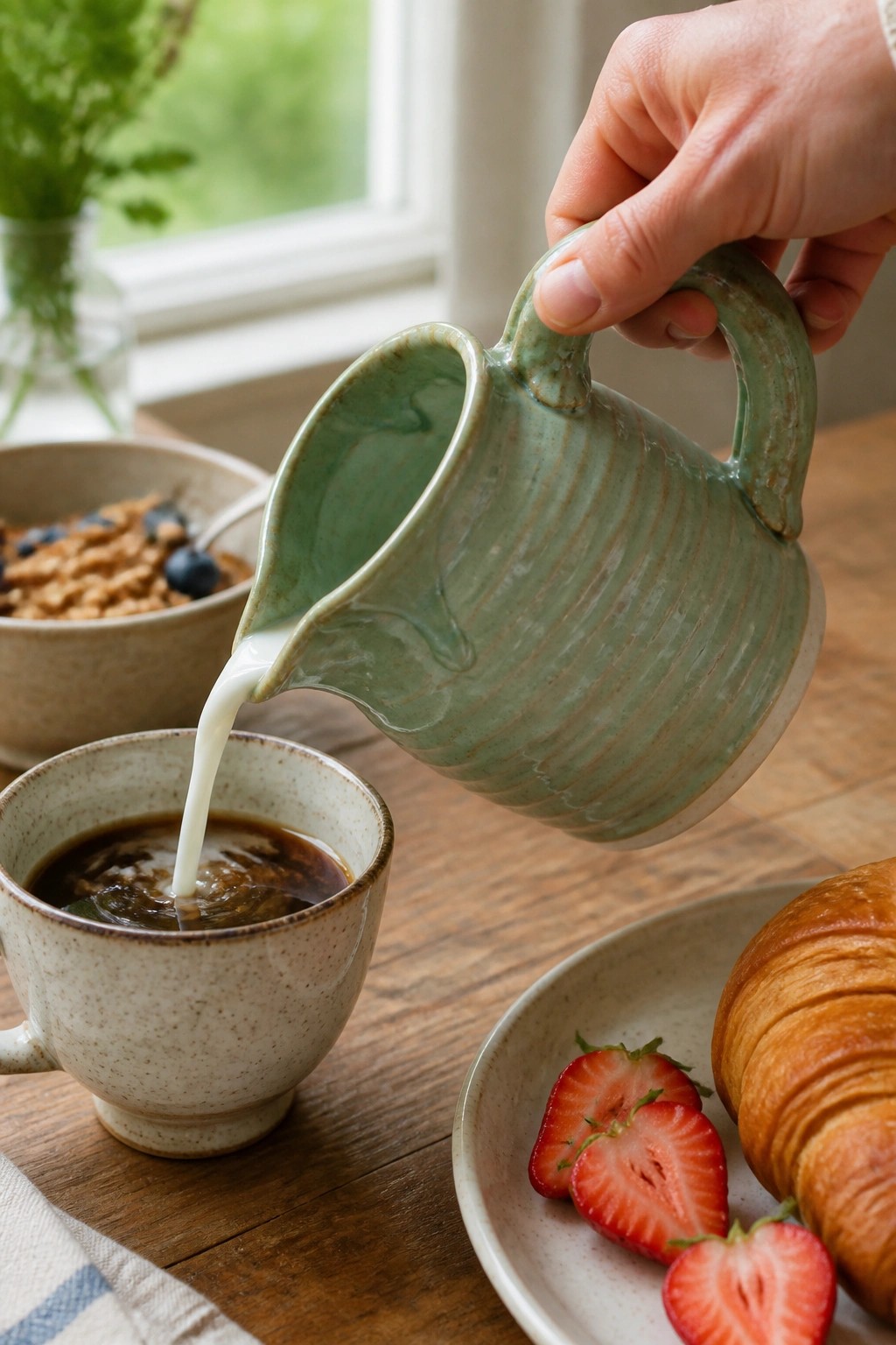Hand pouring milk from green ceramic pitcher into coffee beside croissant and strawberries
