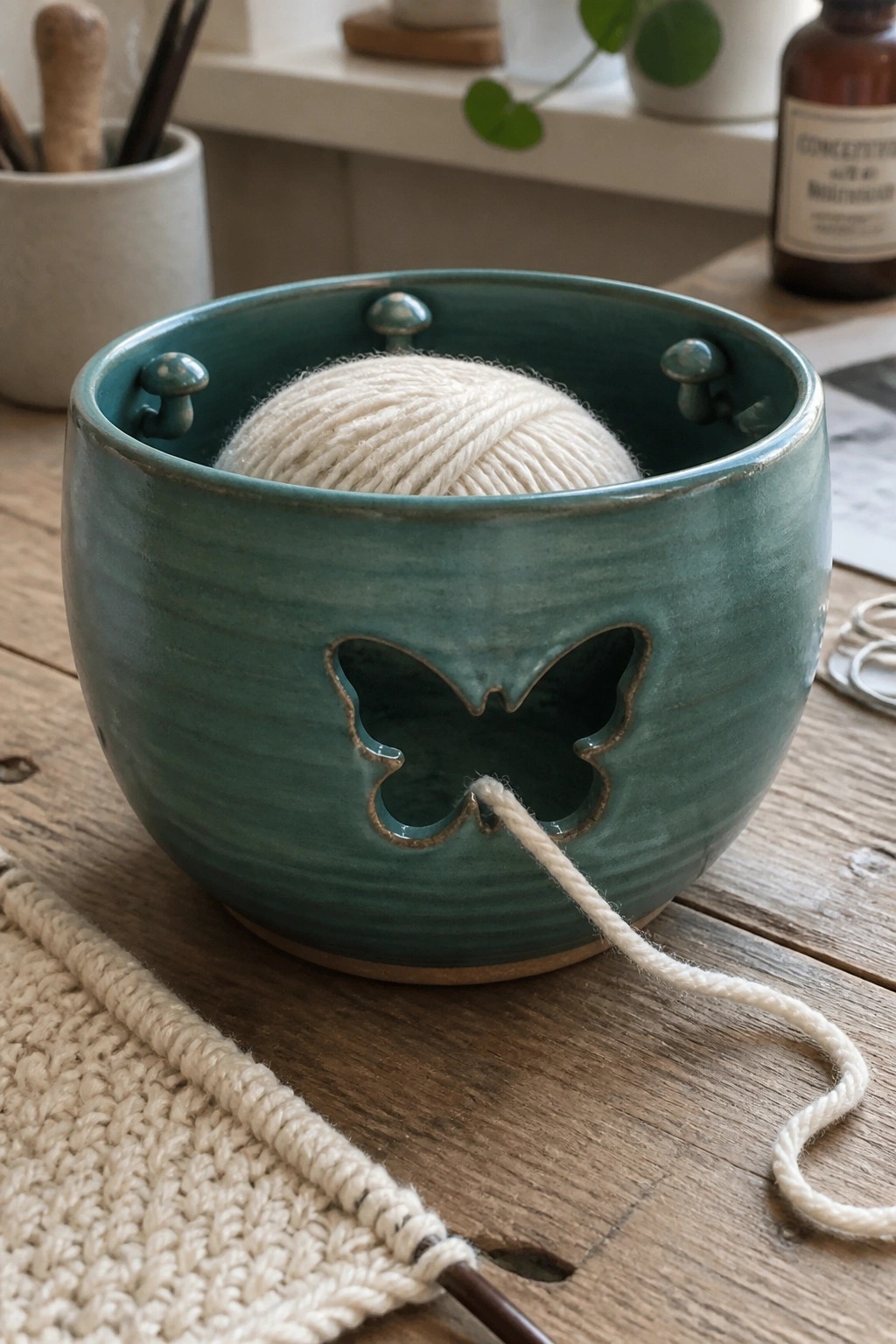 Teal ceramic yarn bowl with butterfly cutout holding white yarn on wood table