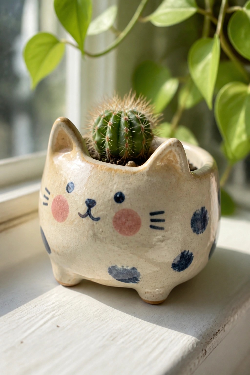 Small green cactus in polka-dotted beige ceramic cat planter on windowsill