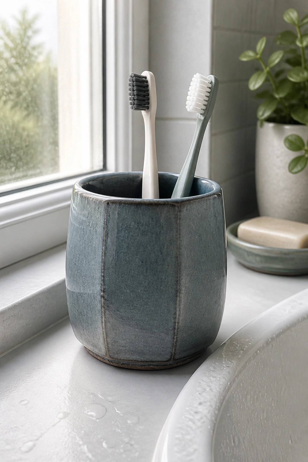Blue ceramic cup with two toothbrushes on windowsill beside sink.