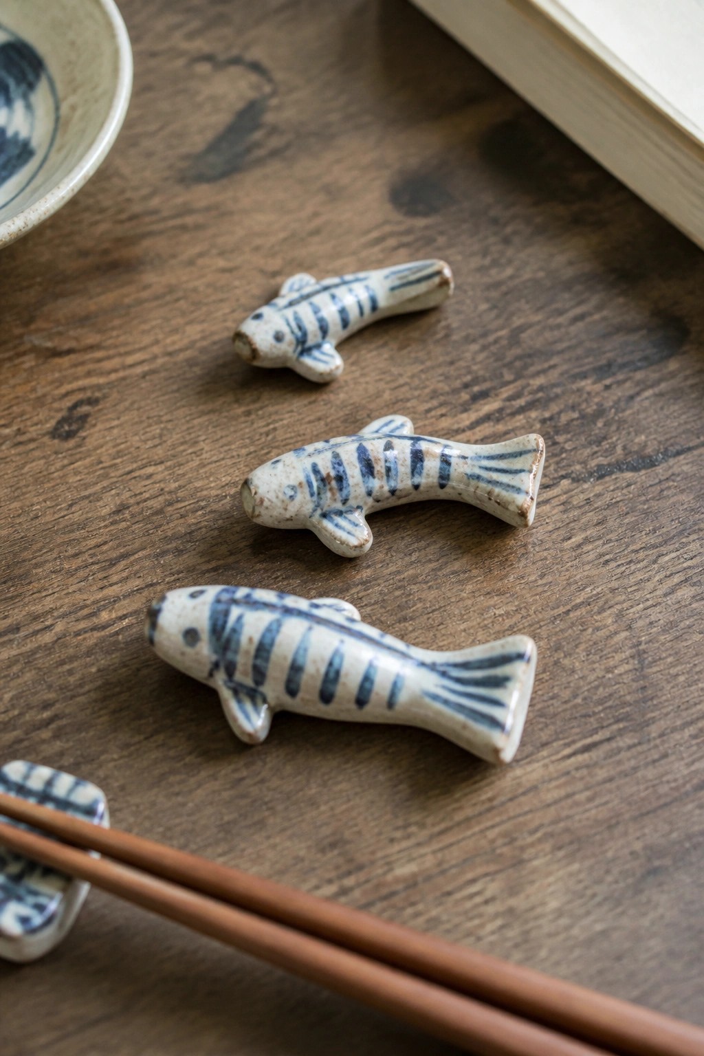 Three blue-striped ceramic fish on dark wood table with chopsticks nearby
