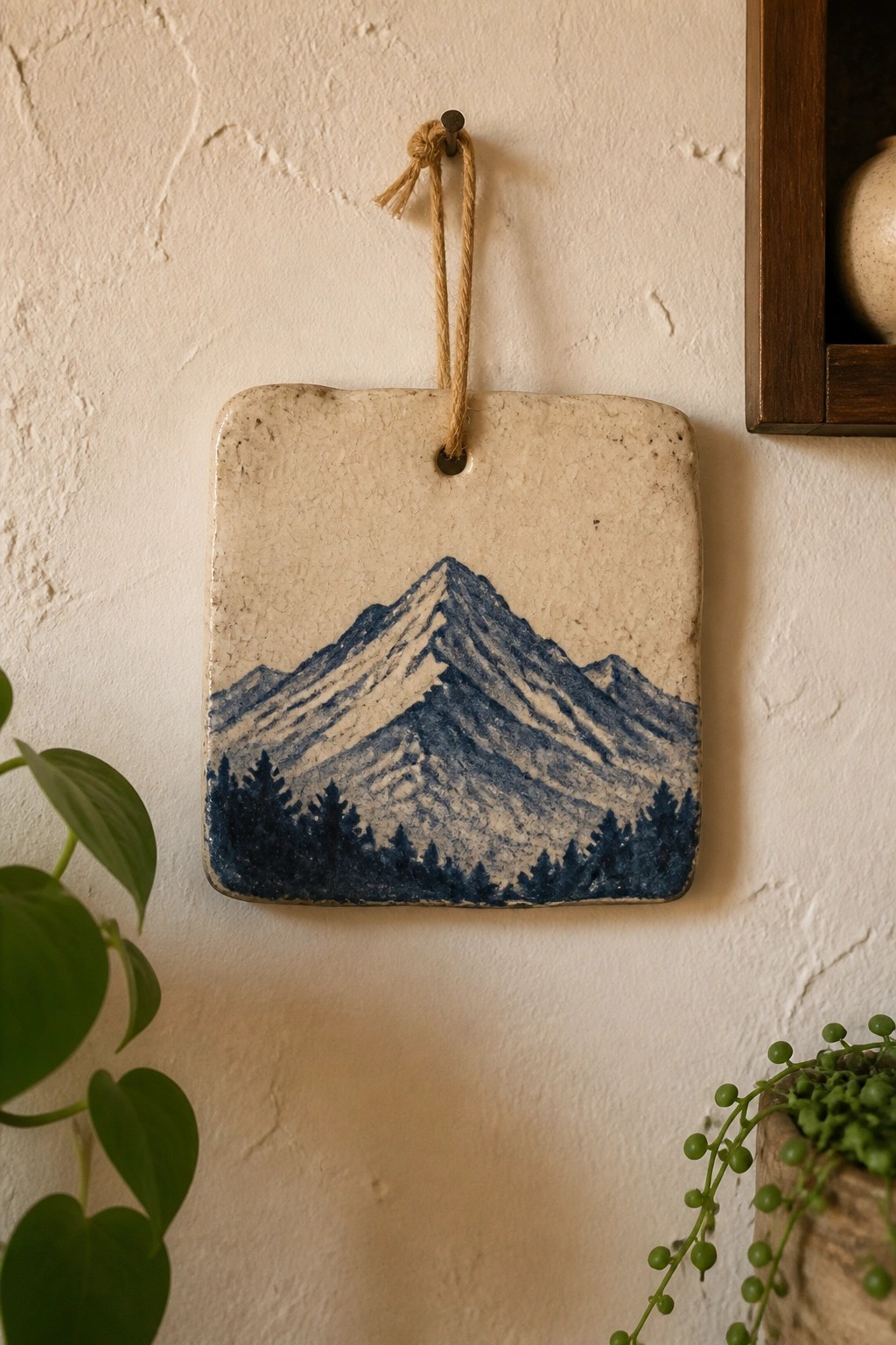 Ceramic tile with blue mountain and trees hanging by twine on white wall.
