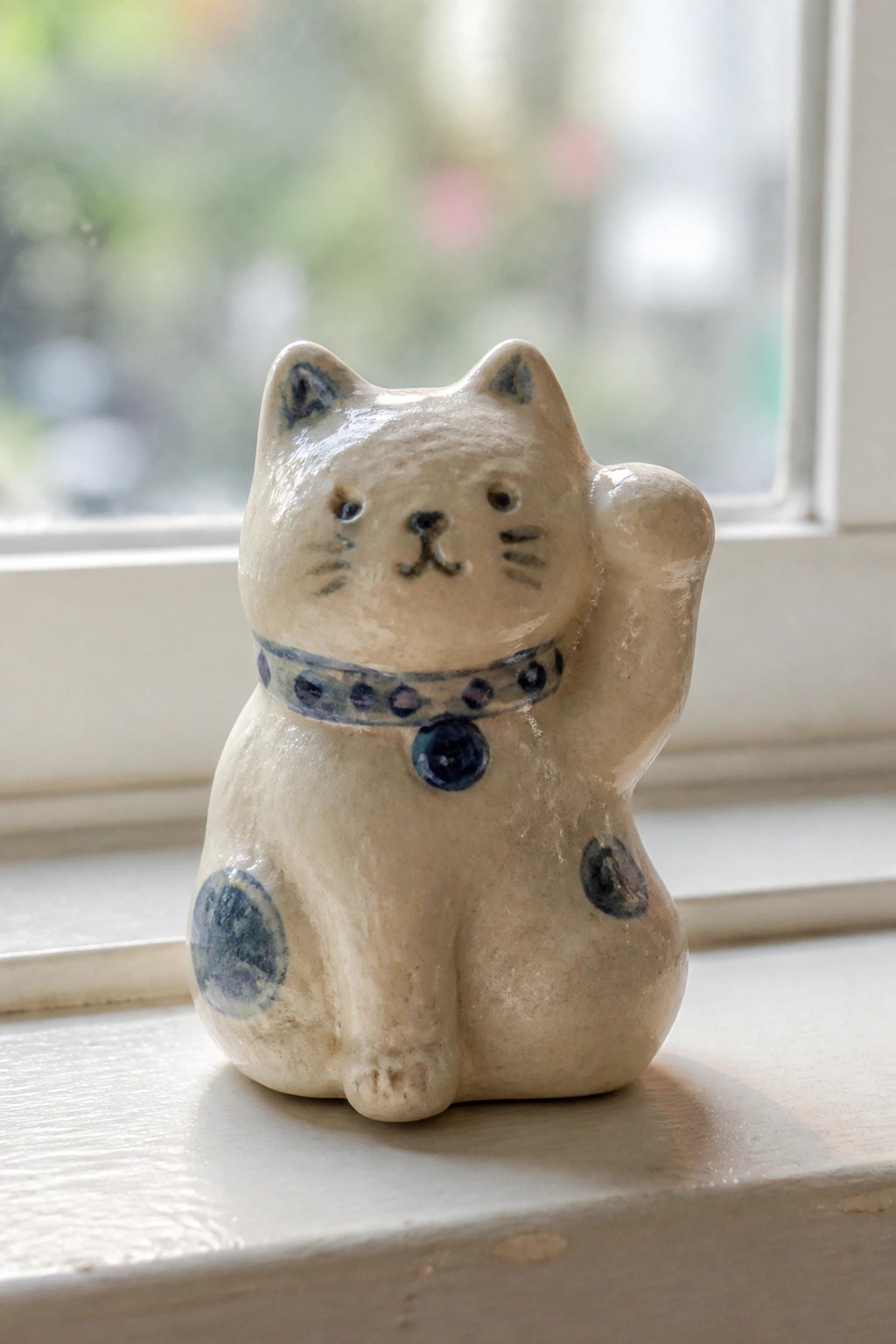White ceramic cat figurine with blue collar, bell, and spots, paw raised on windowsill