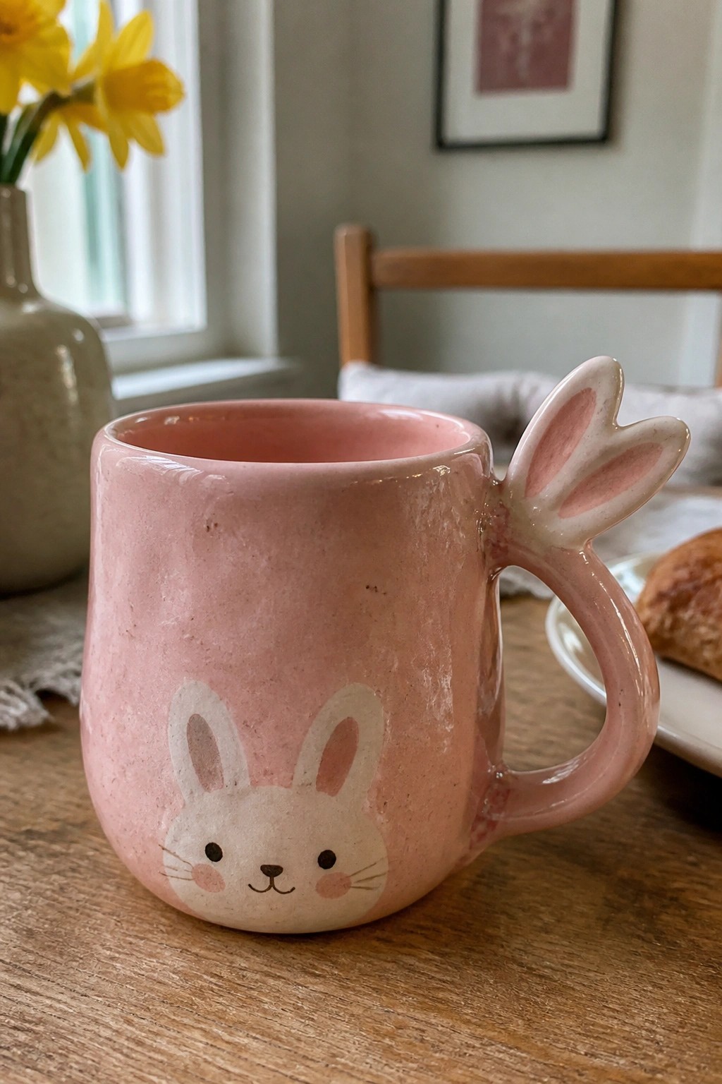 Pink bunny mug with cute face and ear-shaped handle on wooden table