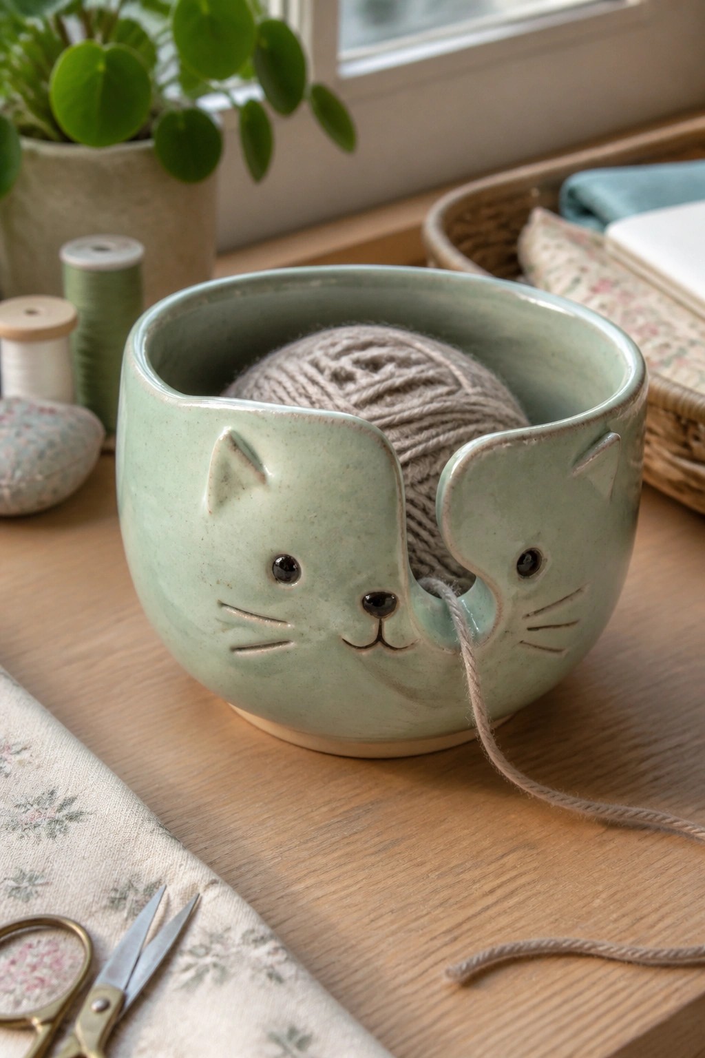 Sage green ceramic cat yarn bowl holding beige yarn on wooden table